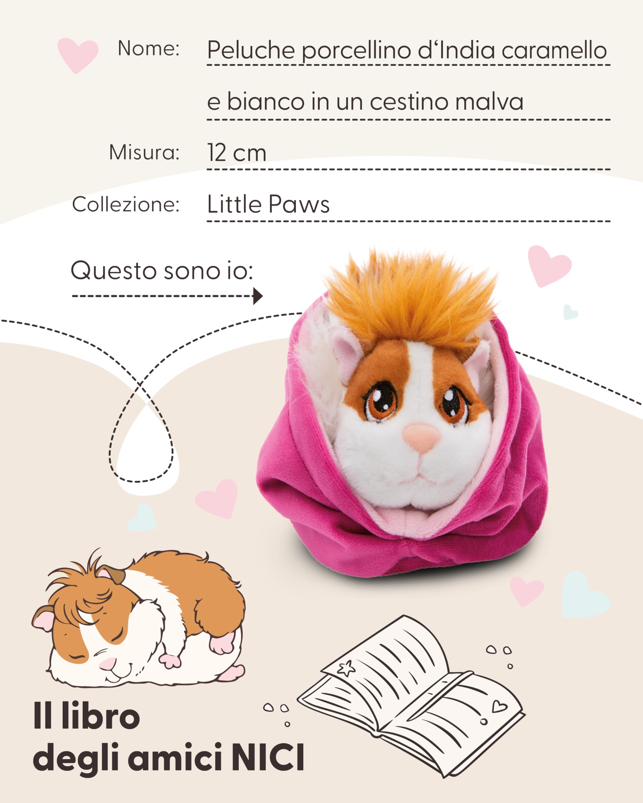 NICI Little Paws Porcellino D'India In Cestino 12 Cm – Bianco Caramello – Peluche Soffice Da Collezione, Regalo Per Bambini E Amanti Degli Animali – 61333