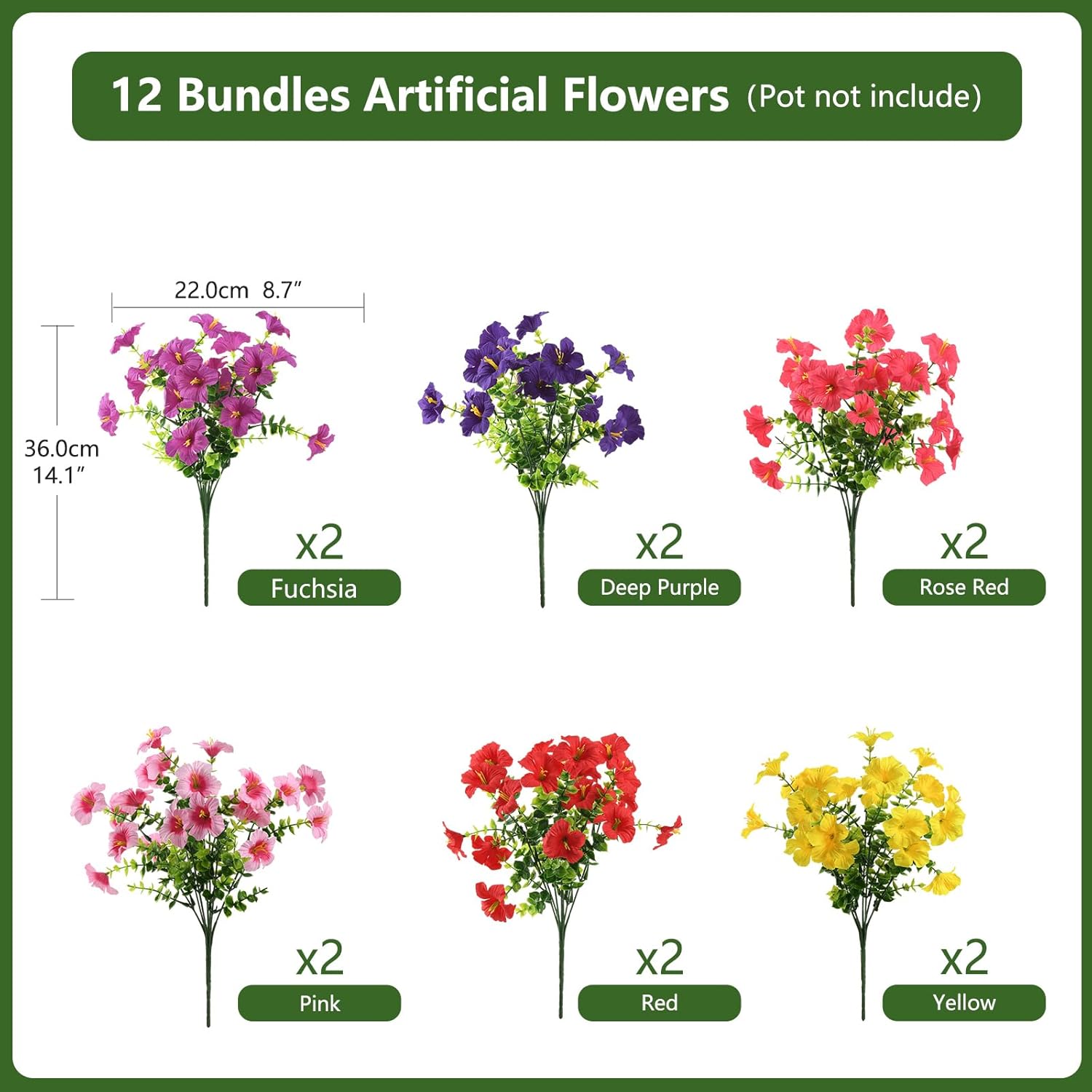 INQCMY Artificial Fake Petunias Flowers for Outdoors Spring Summer Decoration, 12 Bundles Faux Plants Outdoor UV Resistant Realistic Silk Flower for Outside Planters Patio Porch Yard Window Box