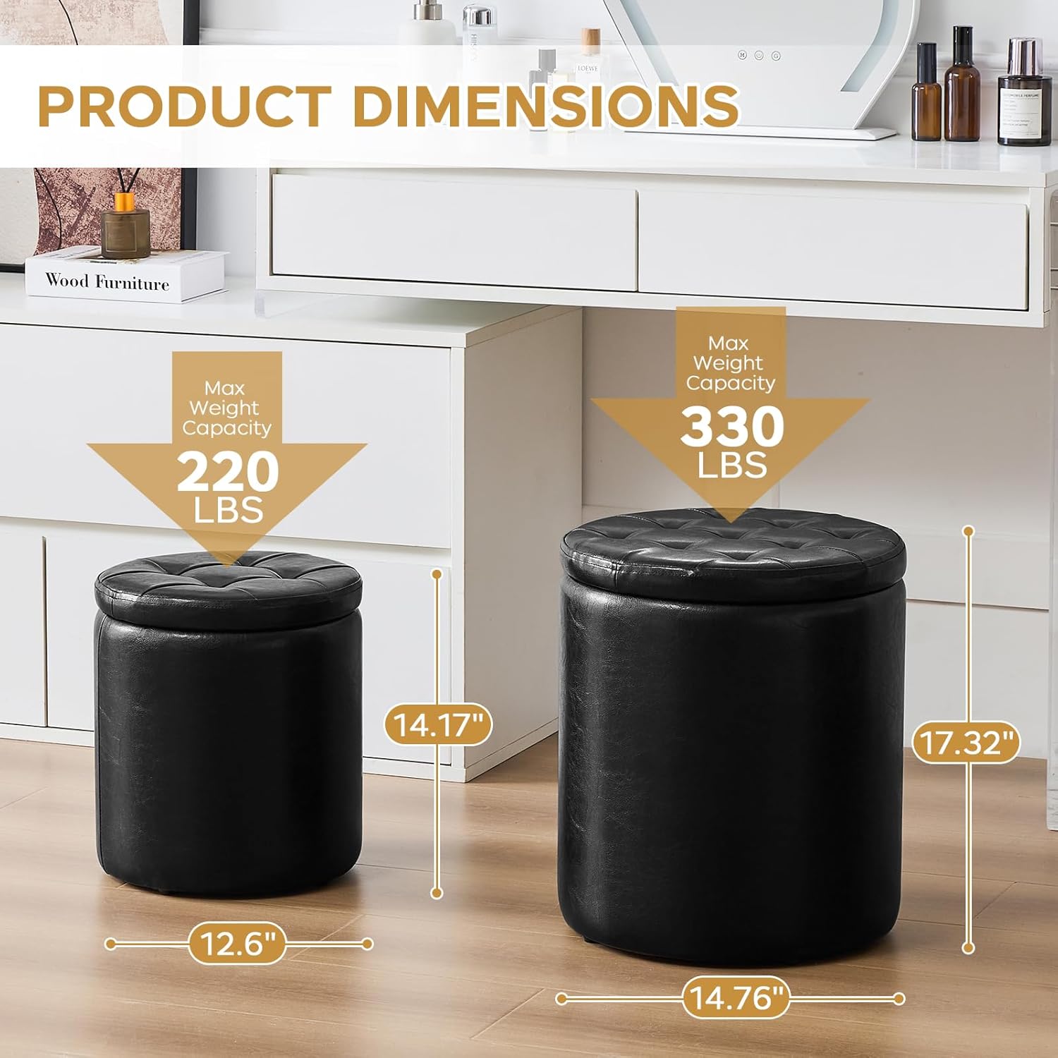 Round Ottoman with Storage Set of 2, 12.6" W x 14.17" H & 14.76" W x 17.32" H Faux Footstool Storage Ottomans for Bedroom, Living Room Padded Coffee Table Ottomen, Black