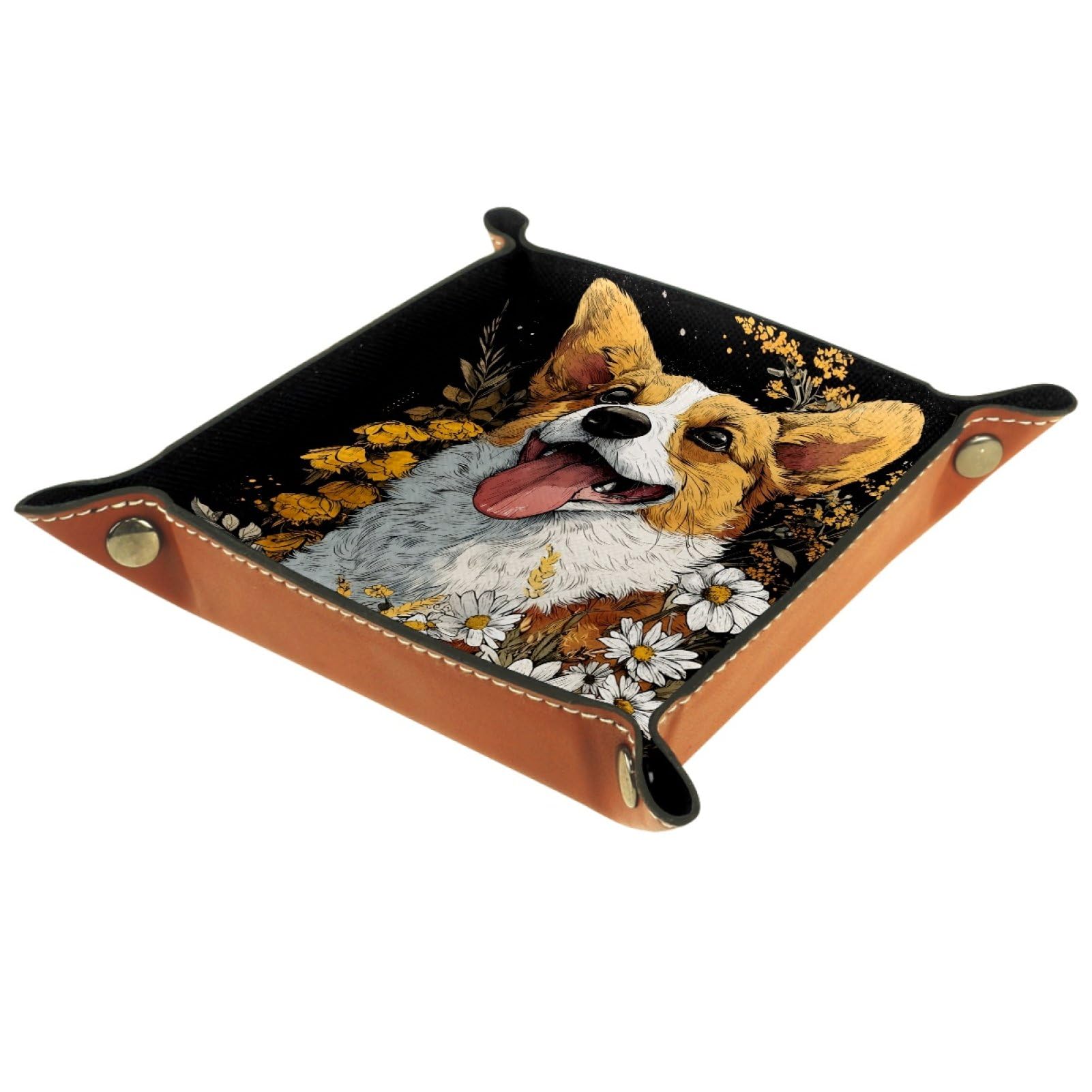 VAPOKF Corgi Daisy Dice Trays Quadrilateral Dice Folding Tray Microfiber Leather Holder for Table Games RPG DND, 20.5 × 20.5 cm