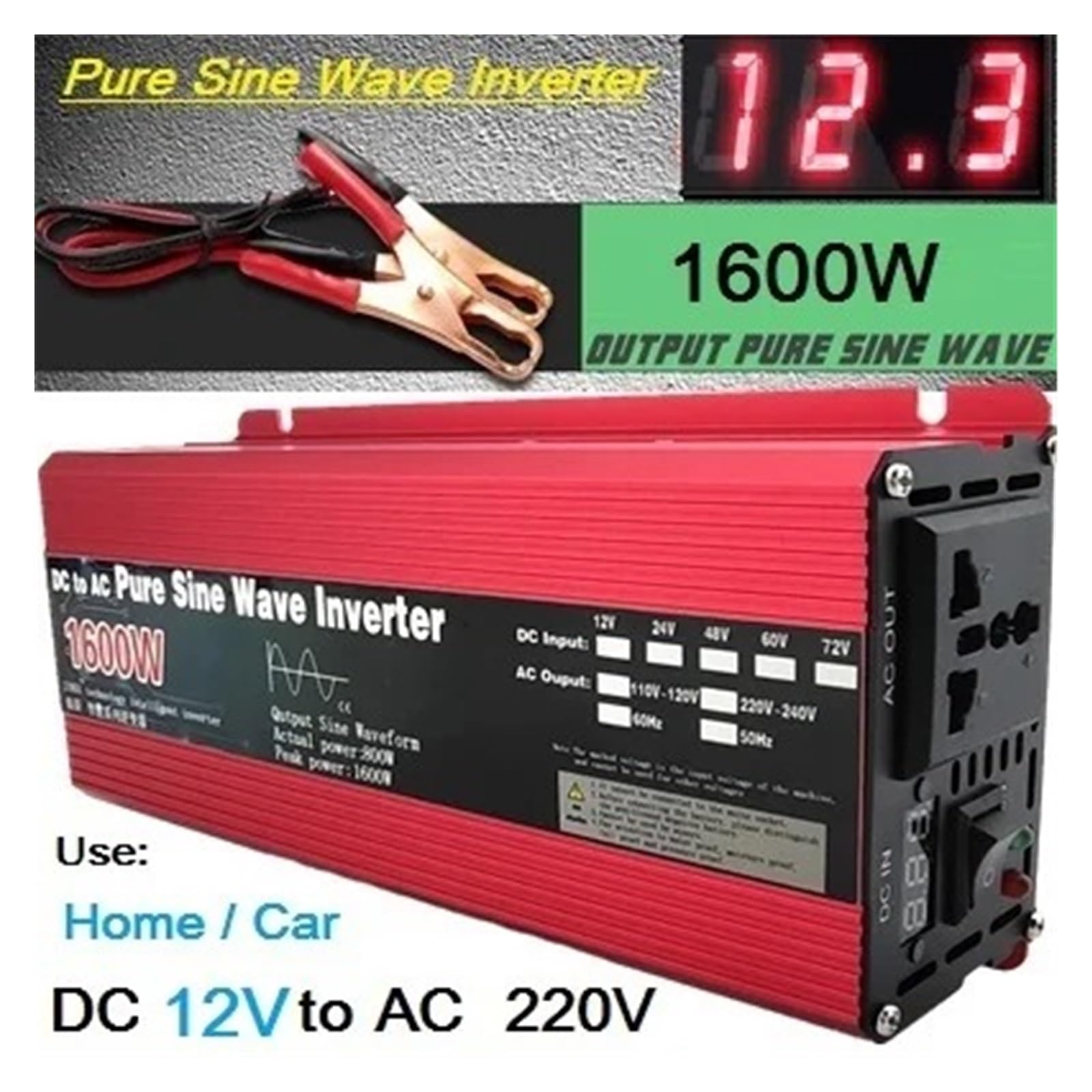 Inversor Inversor Onda Sinusoidal Pura 1000 W 1600 W 2000 W 3000 W CC 12 V/24 V A CA 110 V/220 V Convertidor Portátil Energía Solar Convertidor(110V 60Hz,1600W 12V)