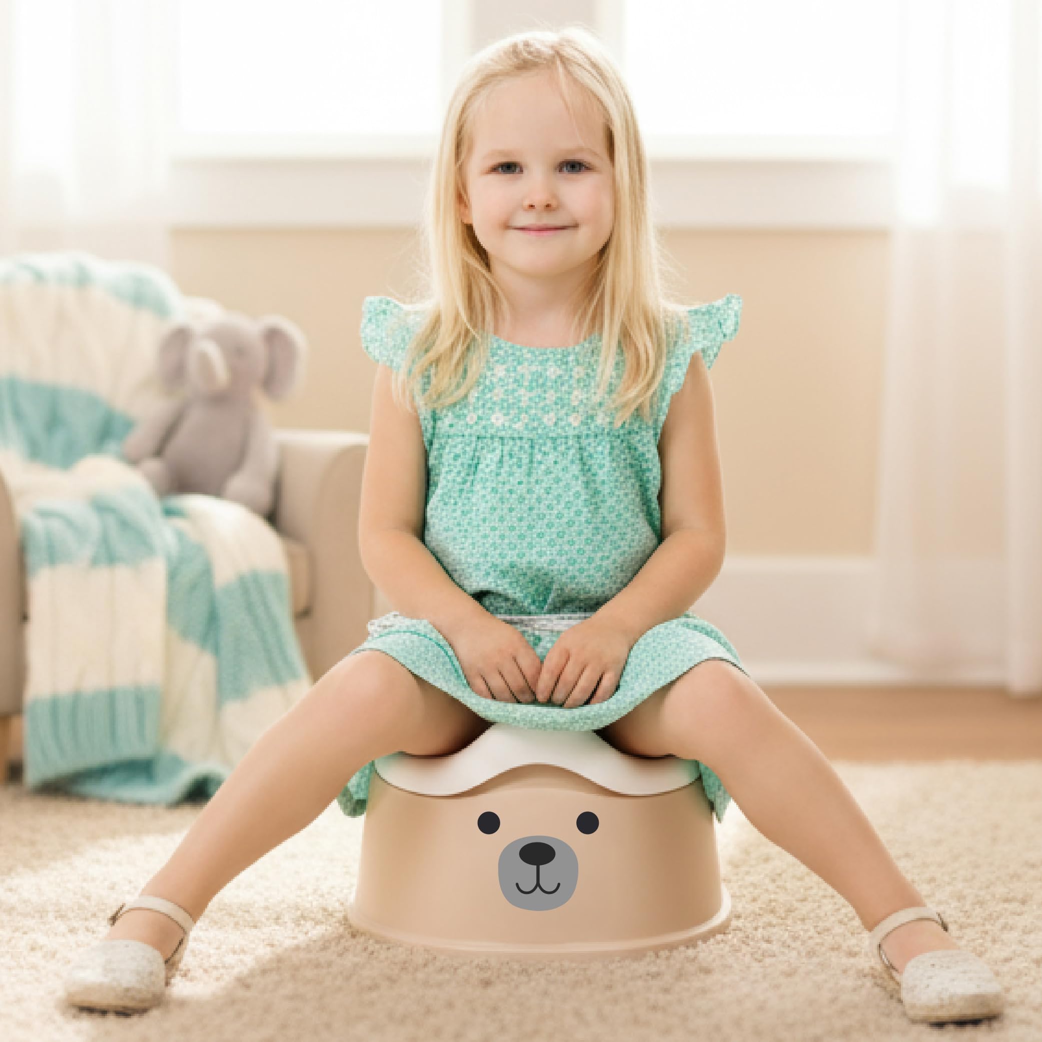 sun baby Nocnik dla dzieci 18-36 miesięcy, antypoślizgowe nóżki, ergonomiczne oparcie, wyjmowany wkład, tworzywo sztuczne, do 15 kg (Beżowo-Biały + Naklejka Miś)