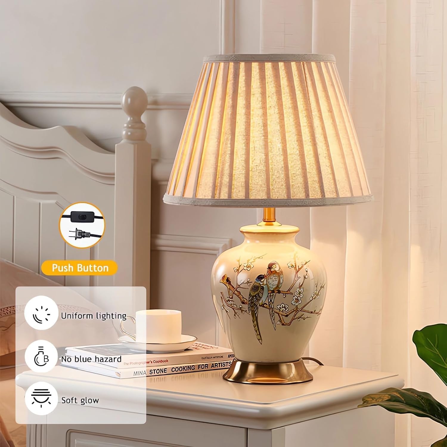 Hand-Painted Chinoiserie Lamp Flower Bird Ceramic Table Lamp American Rustic Farmhouse Desk Lamp Body with Fabric Lampshade Nightstand Lamp for Bedroom Living Room Office College Bookcase