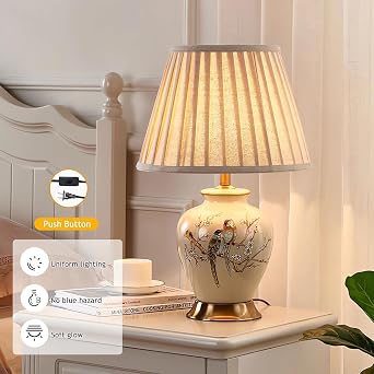 Hand-Painted Chinoiserie Ceramic Table Lamp with Flower Bird Design, American Rustic Farmhouse Desk Lamp with Fabric Lampshade, Nightstand Lamp for Bedroom Living Room Office College Bookcase