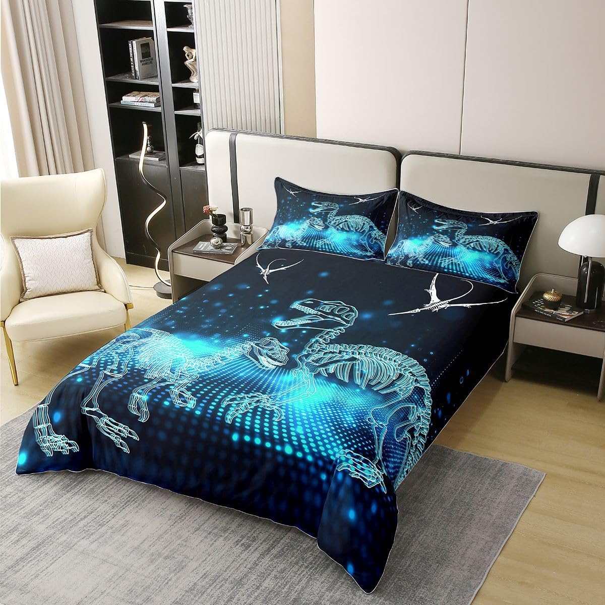 Feelyou Dinosaur Duvet Cover 100% Cotton Queen Size Wild Animal Comforter Cover for Boys Girls Black Blue Jungle Dino Bedding Set 3Pcs 3D Digital Print Room Decor Wildlife Breathable Soft Lightweight