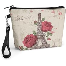 Niapessel Paris Eiffel Tower with Rose Print Makeup Bag, PU Leather Makeup Pouch with Strap, Large Capacity Travel Toiletry Bag, Stylish Portable Cosmetic Bag for Women Girls Travel