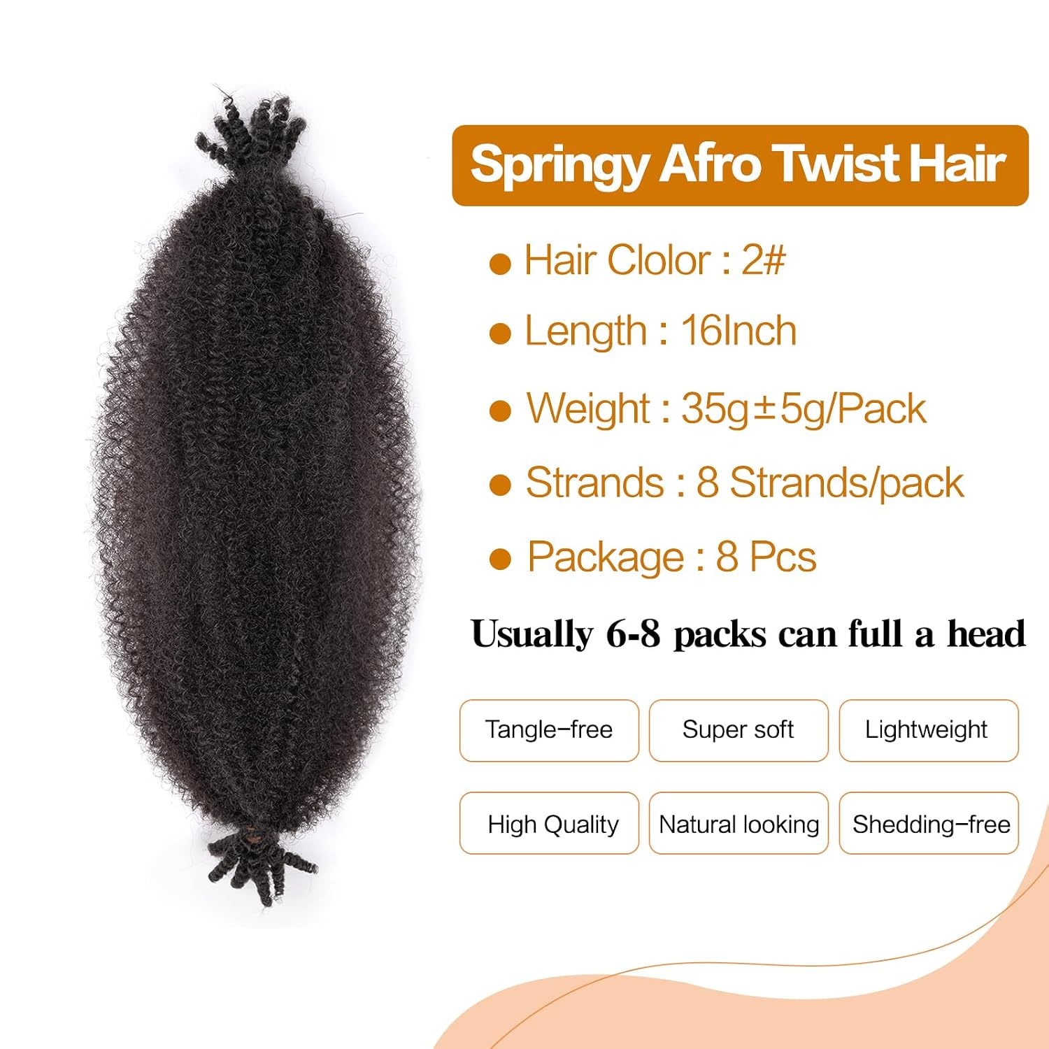 Springy Afro Twist Hair 16 Inch Cuban Twist Hair 8 Packs Kinky Braiding Natural Black Marley Twist Braiding Hair Soft Locs Synthetic Marley Hair(16 Inch,8Pack,2#)