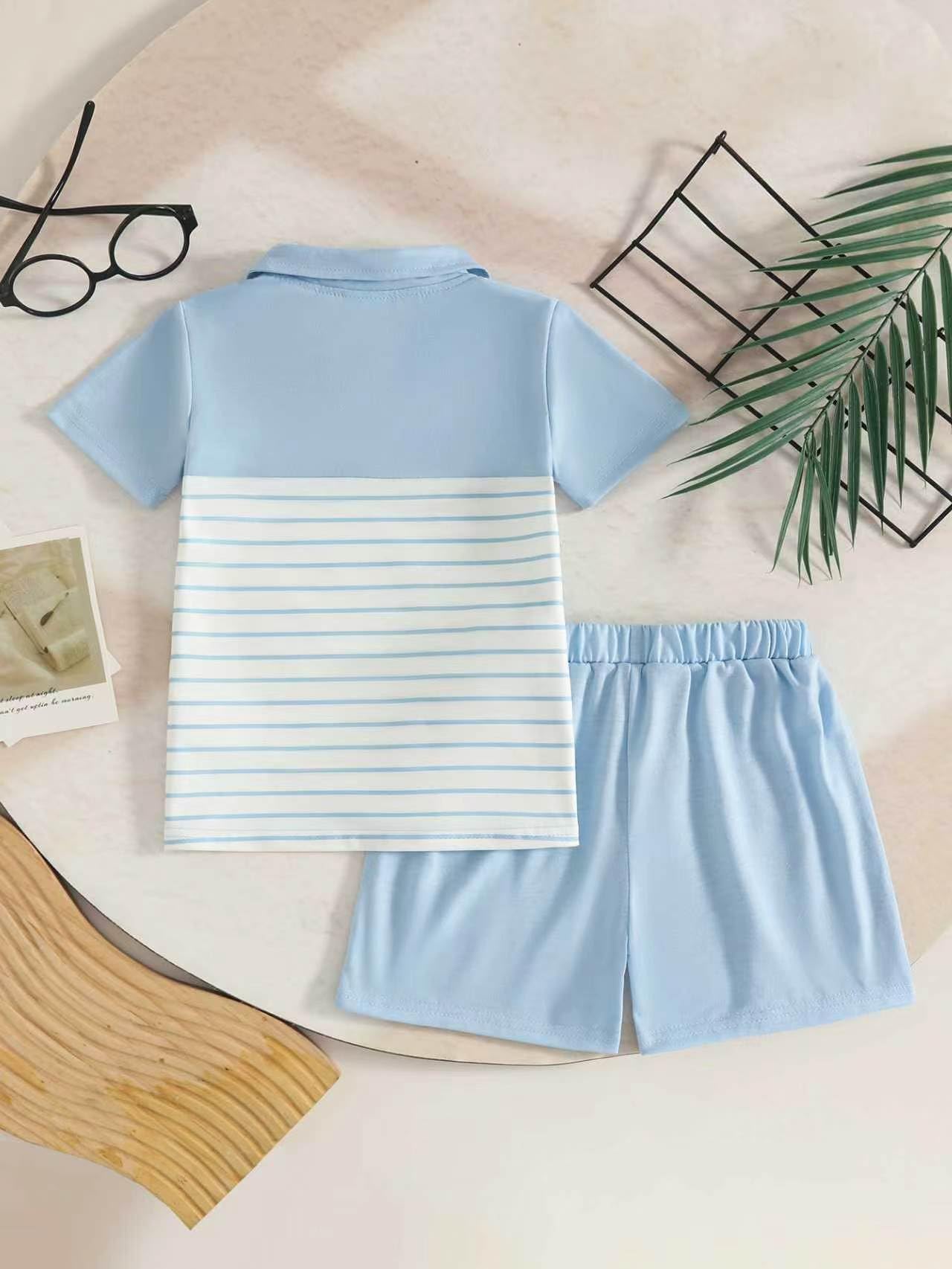 Bébé Garçon D'été Vêtements Casual Manches Courtes Poloshirt T-Shirt Tops et Rayé et Short à Taille élastique 2 Pièces Ensemble de Survêtement