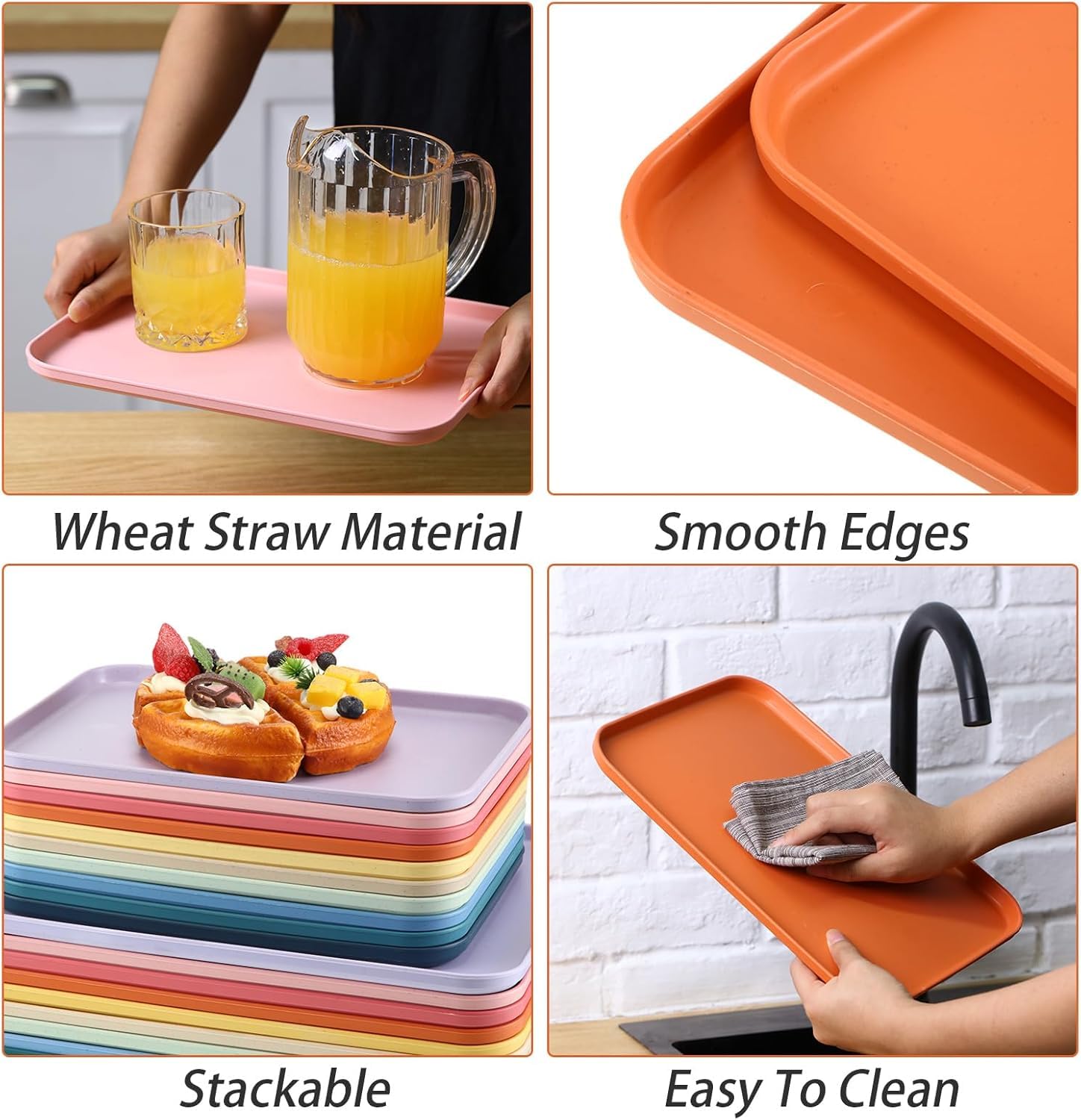 4 Pcs Orange Wheat Straw Cafeteria Tray, Plastic Serving Tray, Holiday Meal Tray, BPA Free Reusable Food Tray for Snacks, Food, Biscuits 3