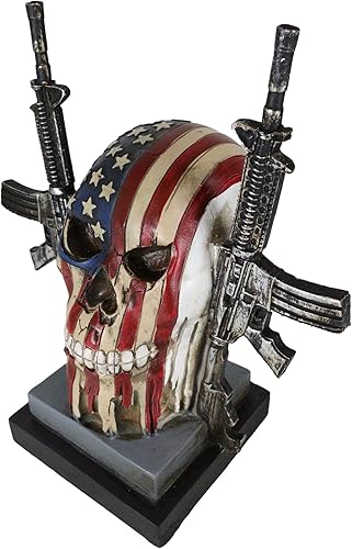 Miniatura 7 de Ebros Gift Bandera patriótica de Estados Unidos con estrella de Estados Unidos, calavera con 2 rifles de pistola, figura decorativa, macabra