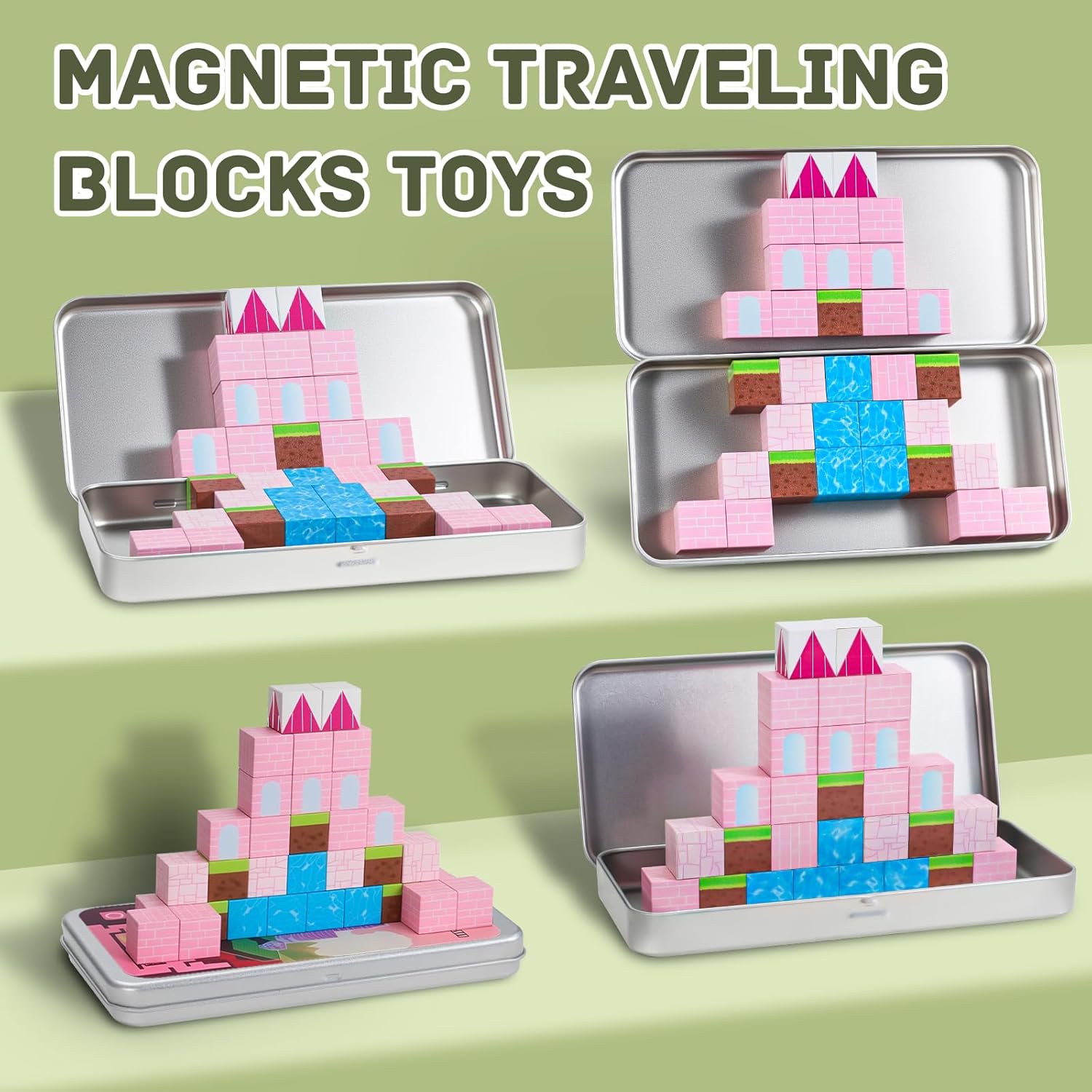 Mini Portable Magnetic Blocks with Iron Storage Box - Travel Magnet Building Block for Toddler 1-3, STEM ConstructionToys for Kids Ages 4-8, Educational Learning Toy Gift for Girls -Castle