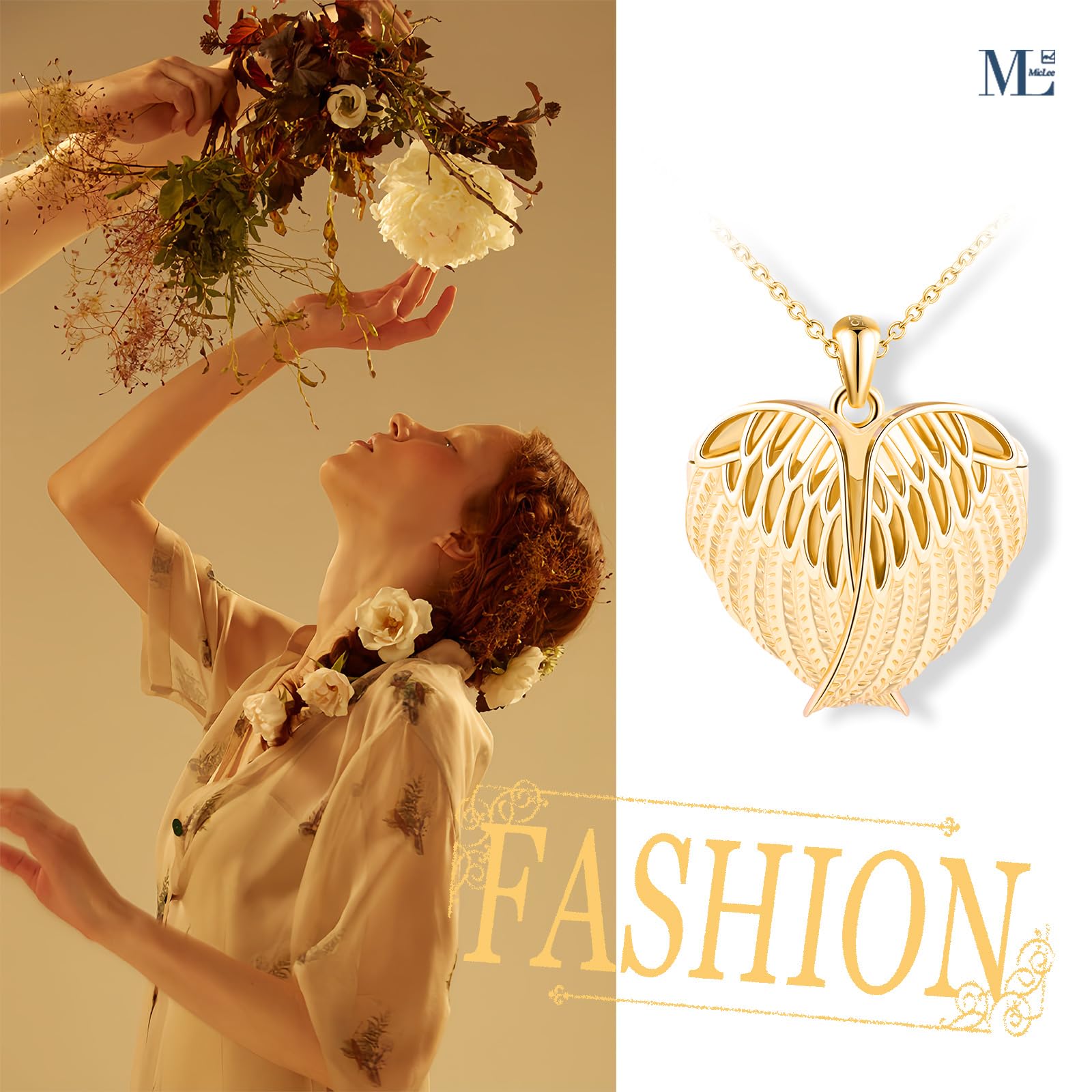 MicLee Collar Foto Corazón Medallones de Plata 925 para Mujer Collares Colgantes Photo Openable Moda Colgante Corazón de Alas - Pluma Collar Souvenir