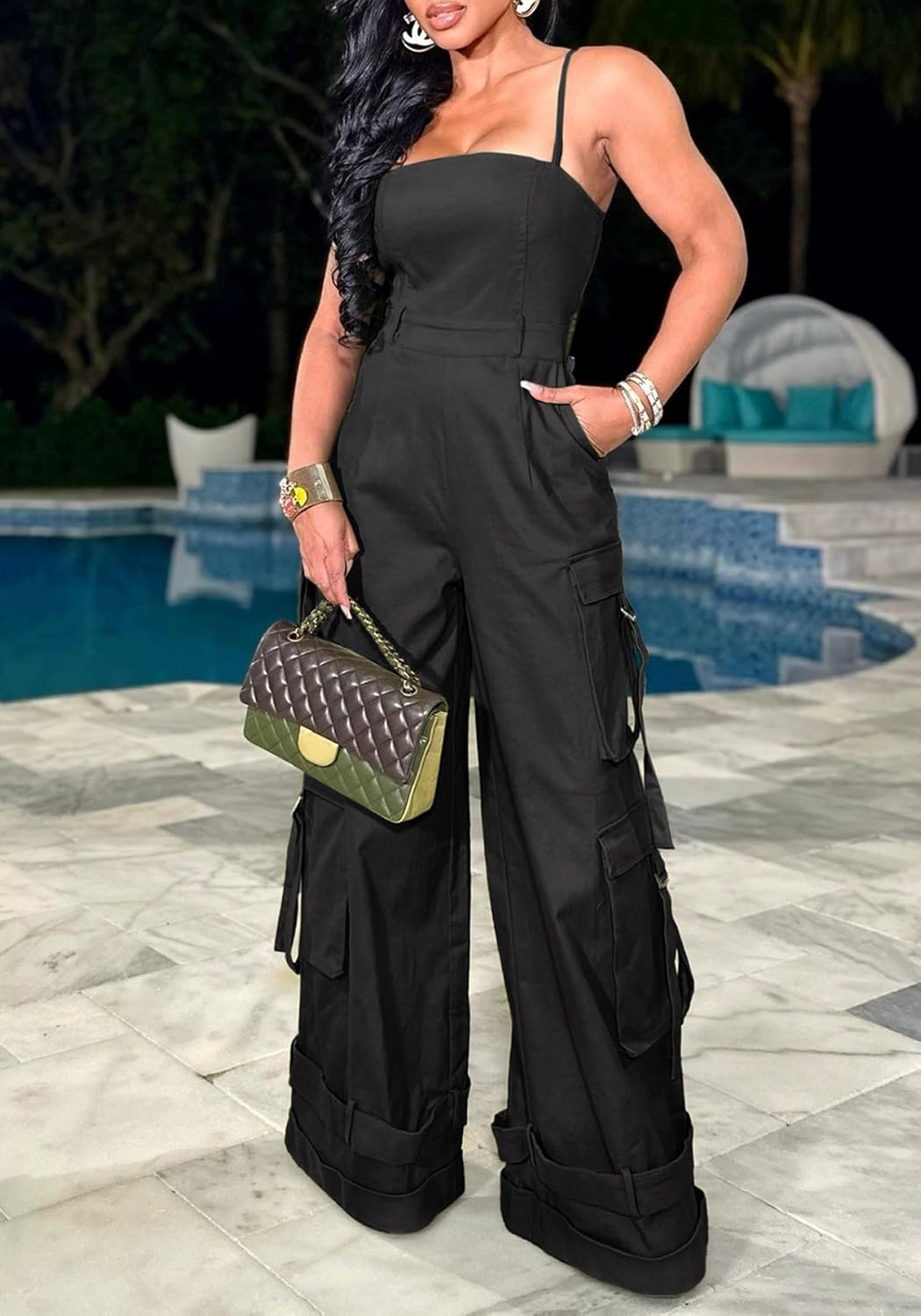 Tbahhir Women Casual Cargo Jumpsuits Sleeveless Strap High Waisted Jumpsuit Wide Leg Romper with Pockets Party Club - Image 4