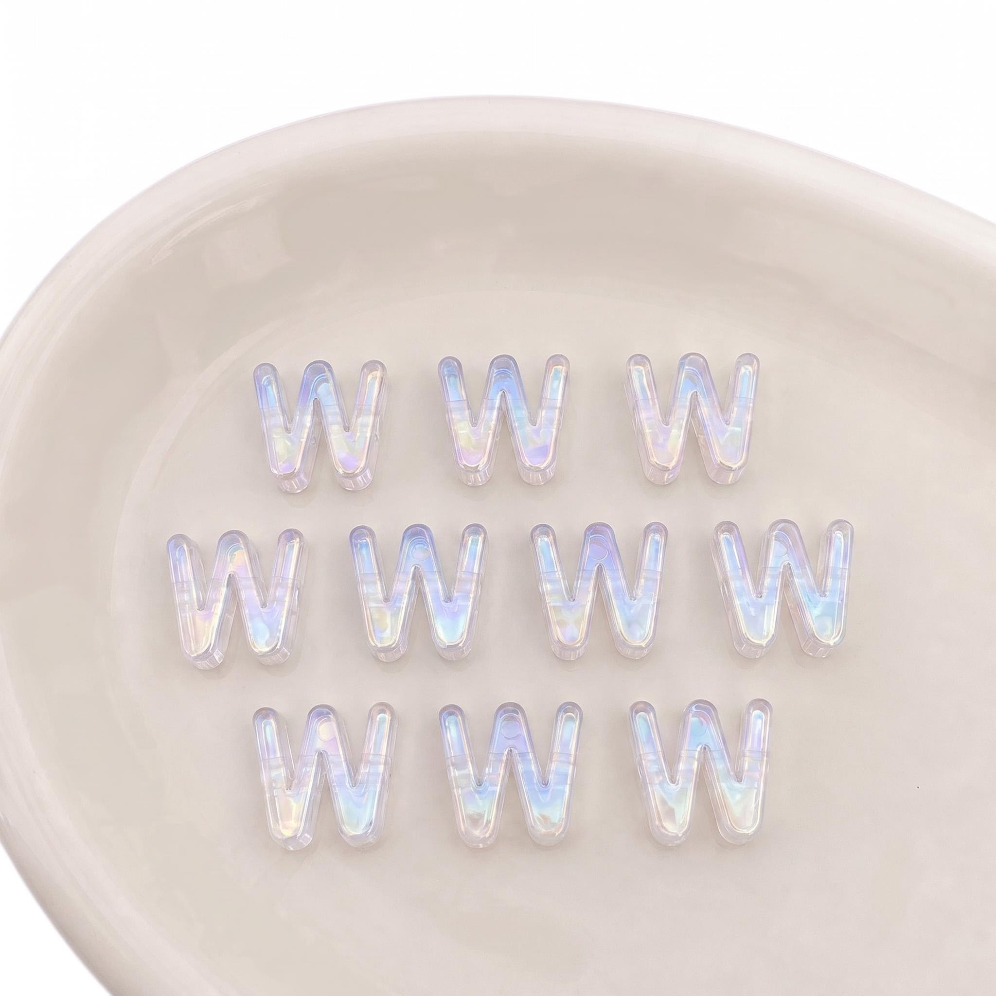 Letter Beads 10pcs, Large Acrylic Alphabet Beads with 6mm Hole, Iridescent Holographic UV Plated for Bracelet Making, Jewellery, Keyrings & Craft (Iridescent Aurora White, Letter W)