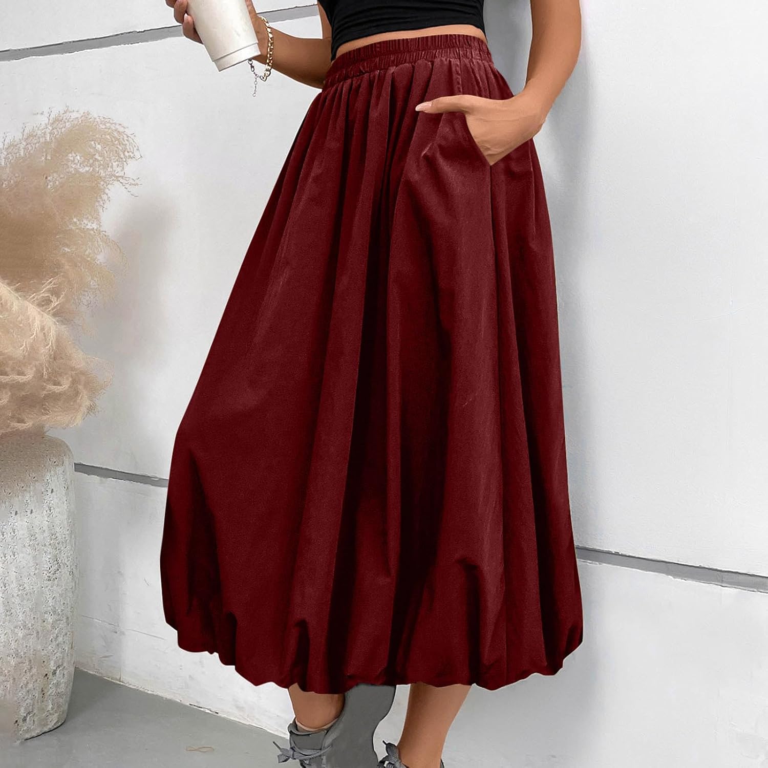 A-Line Loose Flowy Midi Skirt for Women with Pockets Elegant Casual Skirt for Beach, Wedding, and Everyday Wear