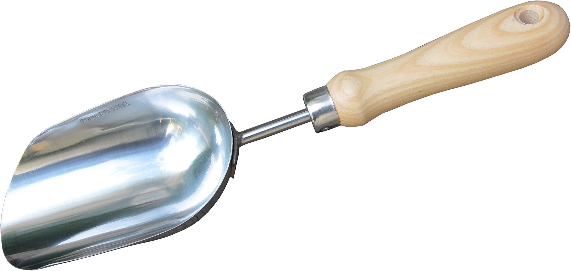 FITOOLStainless Steel Soil Scoop 13-Inch, Silver, 1 Unit, Ergonomic Ash Wood Handle with Hanging Hole