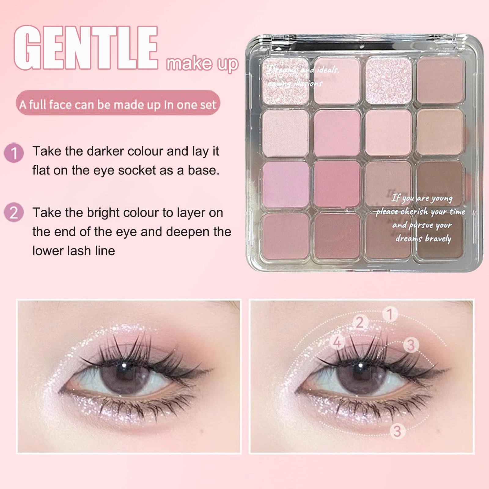 Pink Eyeshadow Palette, 16 Colors Glitter Matte Eye Shadow Pallets for Women Pink Brown Tones Smokey Eye Makeup Palette - Image 4