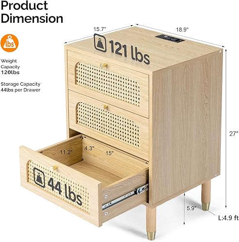 Miniatura 3 de VINGLI Rattan Nightstands Set of 2 with Charging Station, 19" W x 27" H Nightstand 3 Drawer Set of 2, Boho Nightstand/End Table, Rattan Bed Side