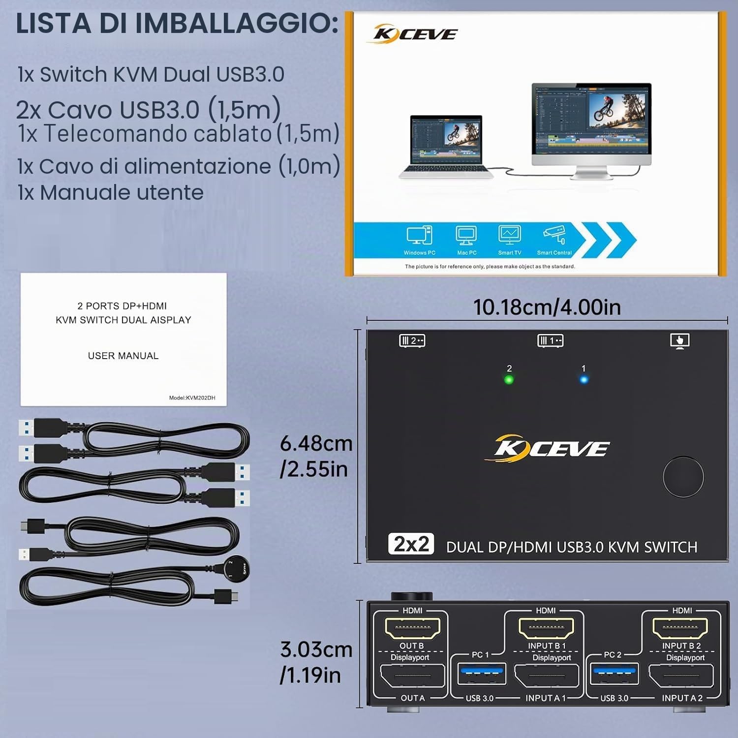 USB 3.0 HDMI + DisplayPort Switch KVM 2 PC 2 Monitor 4K@60Hz 2K@120Hz, MLEEDA Dual Monitor KVM Switch 2 PC con 4 Porte USB 3.0 per Tastiera, Mouse, Dotato Telecomando Cablato e Cavi