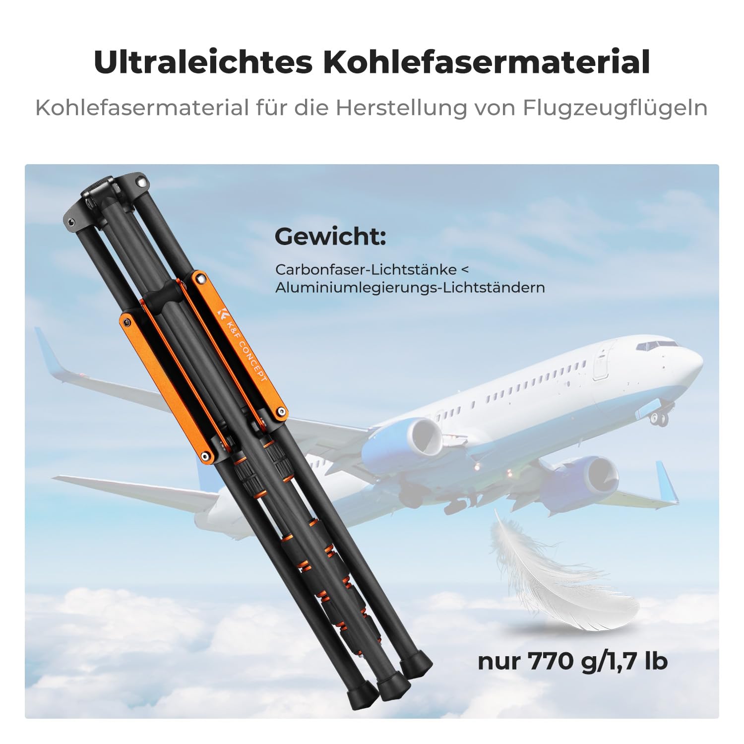 K&F CONCEPT 2M Falten Carbonfaser Fotografie Lichtstativ mit 1/4&3/8" Srew | Fotografie Leuchtständer, umkehrbar klappbar & tragbar, mit 1/4"&3/8" Schraube+Tragetasche, für Blitzlicht, Kamera, Softbox
