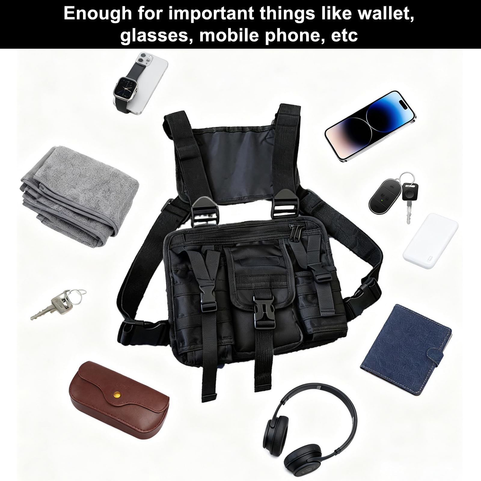 Tasca Tattica Sul Petto da Uomo Donne,Borsa da Corsa Sul Petto con Spalline Regolabili,Tasche Multiple,per Campeggio,Pesca e Viaggi All'aperto,Nero