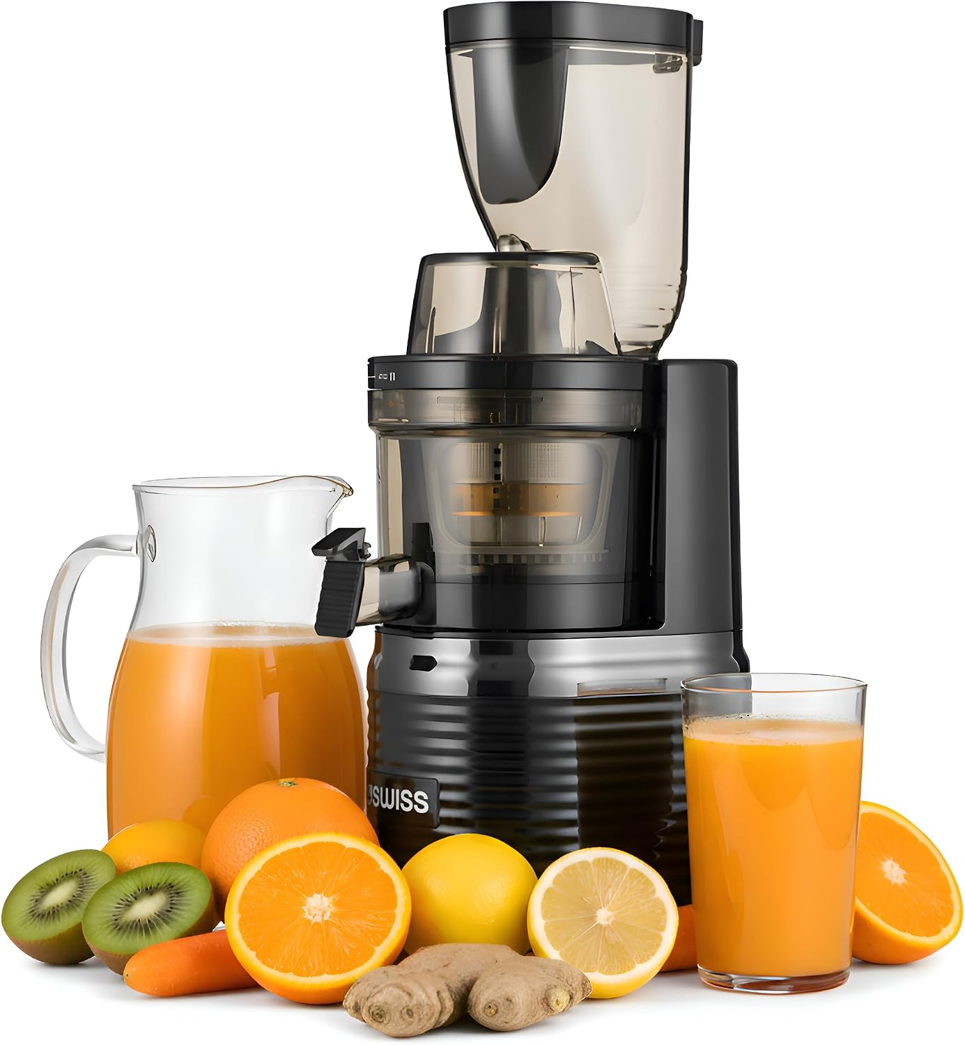 4Swiss BM202 Electric Juicer for Vegetables Fruit Slow Juicer Machine with Filling Chute - Cold Juicer Fruit Press Large Juicer XL Easy to Clean Fruit Press - Black