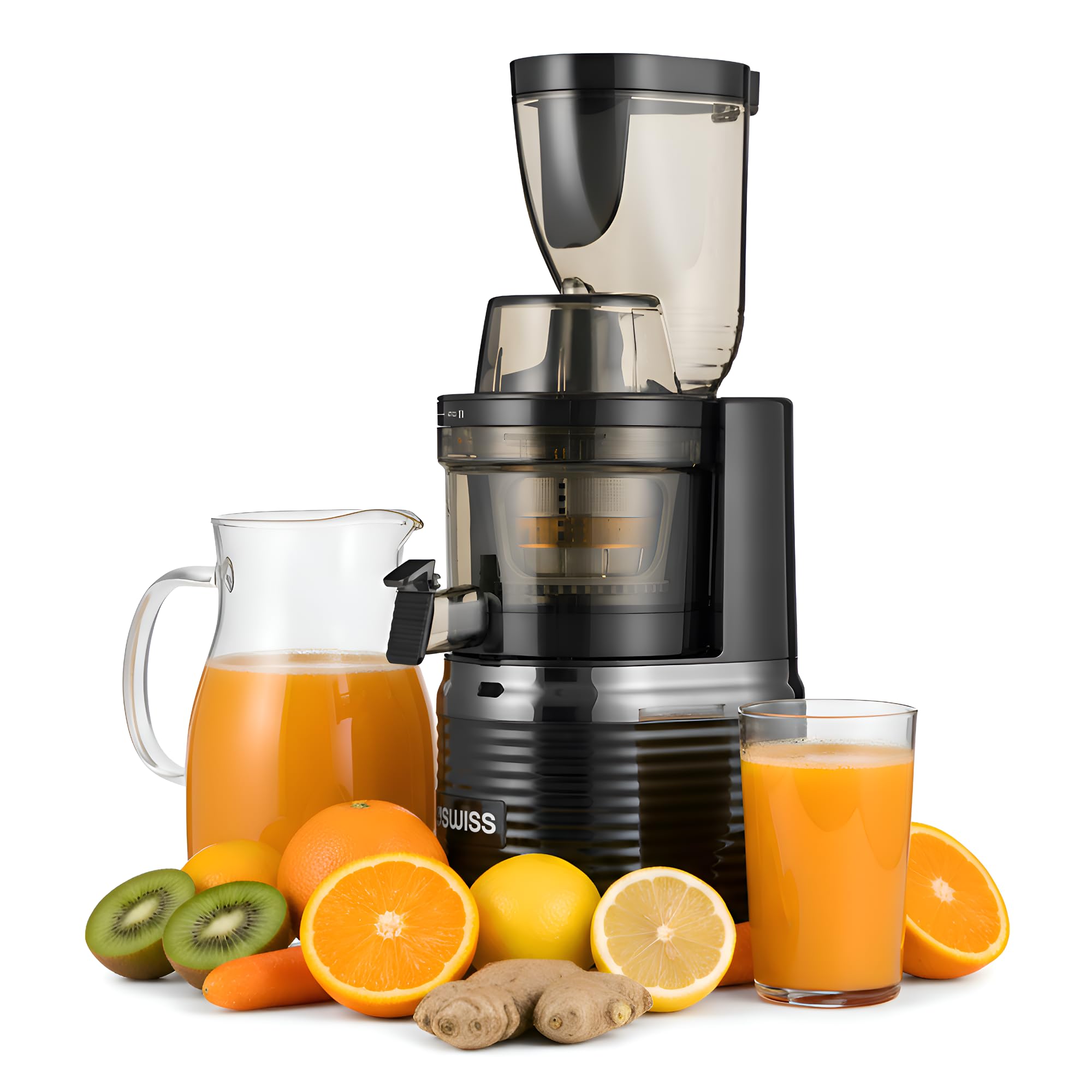 4Swiss Entsafter Saftpresse Elektrisch für Gemüse Obst Slow Juicer Machine mit Einfüllschacht - Kaltentsafter Fruchtpresse Presse Große Saftmaschine XL Leicht zu Reinigen Obstpresse - BM202 Schwarz