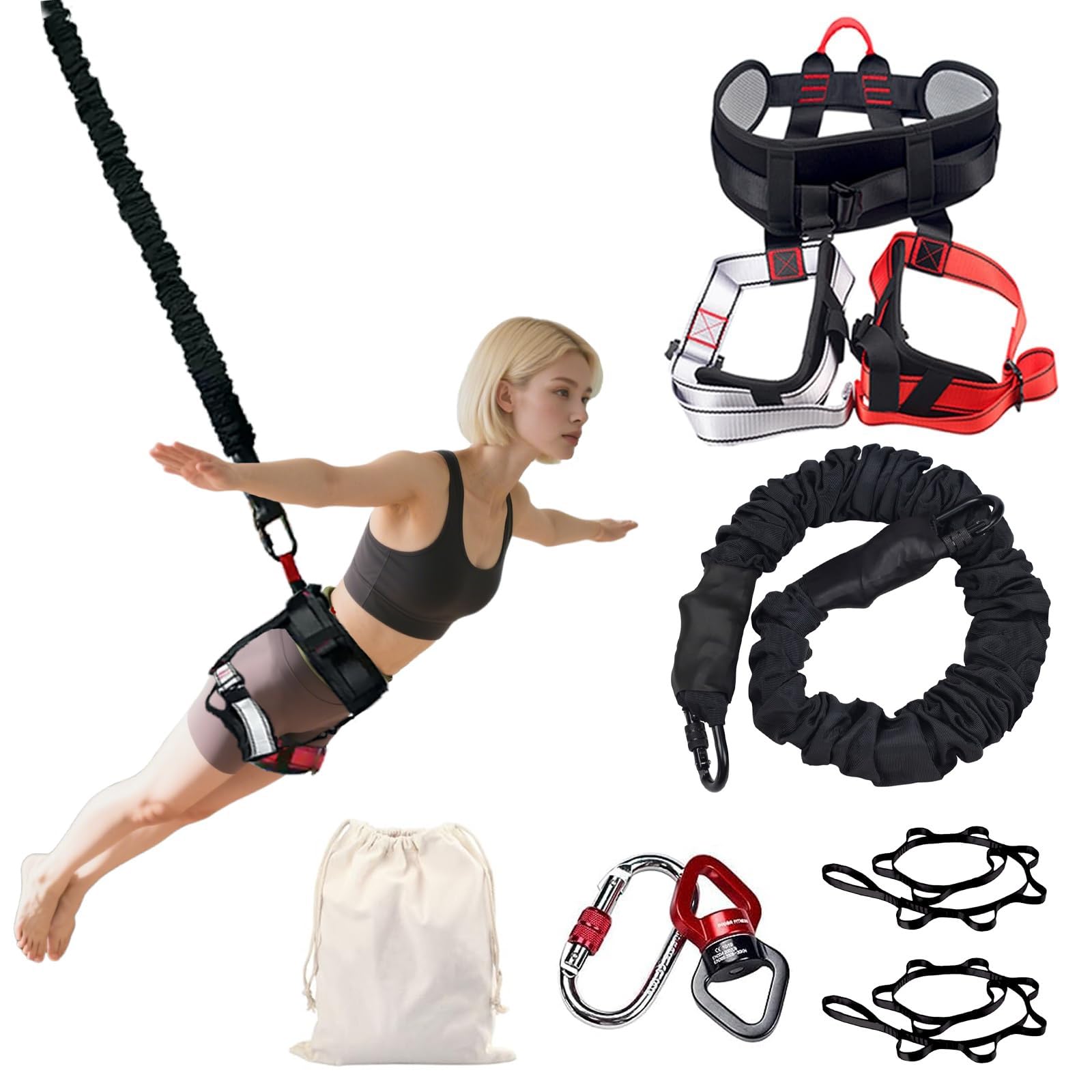 Zestaw do ćwiczeń z gumą bungee, lina oporowa bungee o wysokiej wytrzymałości, trenażer podwieszany z obrotem 360°, narzędzie do treningu fitness w domu, do jogi, pilatesu i ćwiczeń