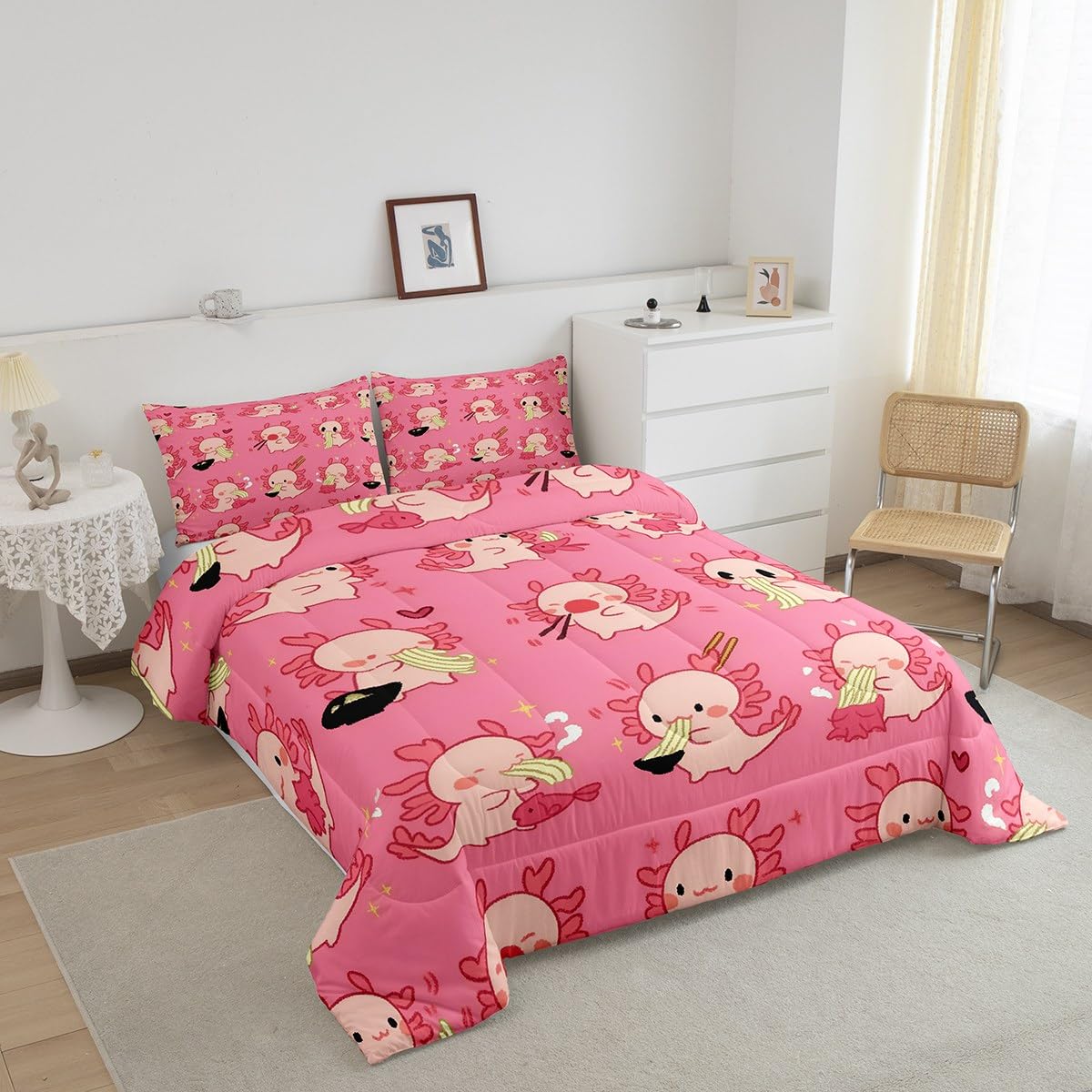 Loussiesd Lustige Axolotl Bettdecke 135x200cm Nette Axolotl Fisch Geschenke für Kinder Jungen Mädchen Steppbett Ultra weiche Axolotl gezogen Nudeln Muster 4-Jahreszeiten Bettdecke Steppdecke