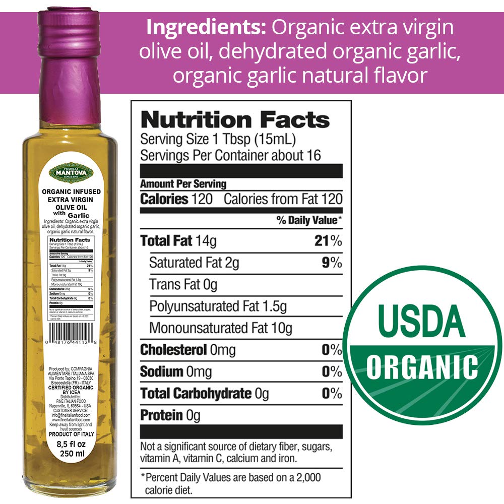 Mantova Garlic Organic Flavored Extra Virgin Olive Oil, 8.5 Oz Mantova Organic Flavored Extra Virgin Olive Oil, Mantova Organic Flavored Mantova USDA Organic Extra Virgin Olive Oil, ColdPressed, garlic, 8.5 Fl Oz - Image 2