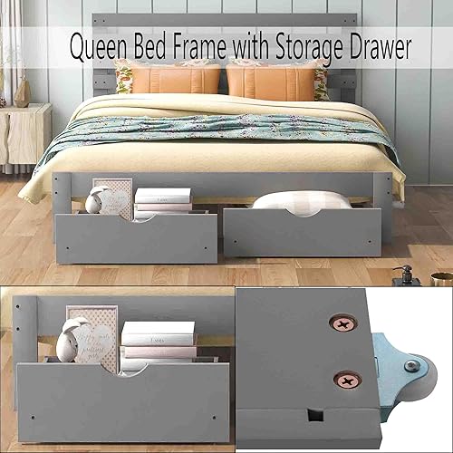 Miniatura 4 de Base de cama Queen con cajón de almacenamiento, base de cama de plataforma con cabecero, cámaras de base de colchón, soporte de listones de madera,