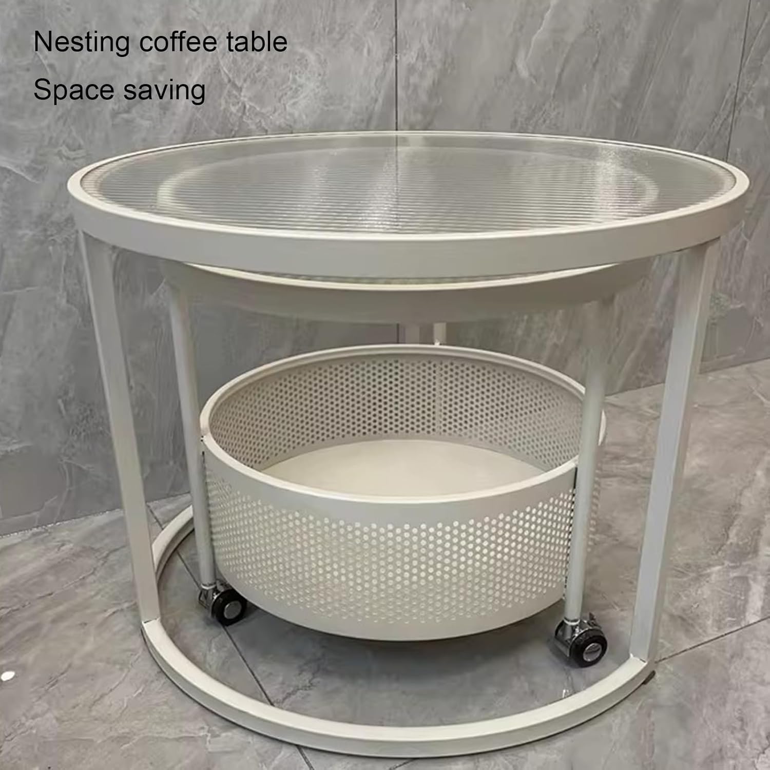 White Nesting Coffee Table Set of 2, Movable Stacking Side Tables, Modern Carbon Steel & Tempered Glass, Stylish Hollow Storage Design for Apartments