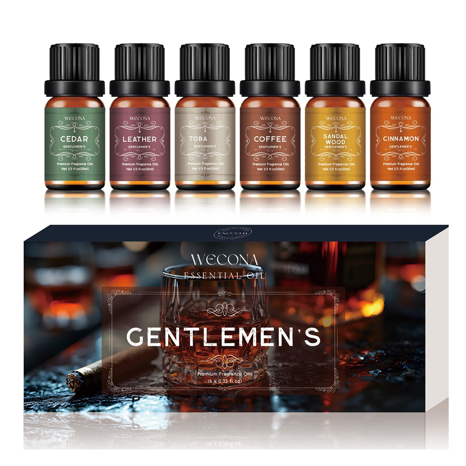 Men's Essential Oils for Diffusers for Home - 6x10ML Fragrance Oil for Candle Making - Leather, Sandalwood, Coffee, Cedarwood, Cinnamon & Amber Accord | Essential Oil Set for Soap & Gifts