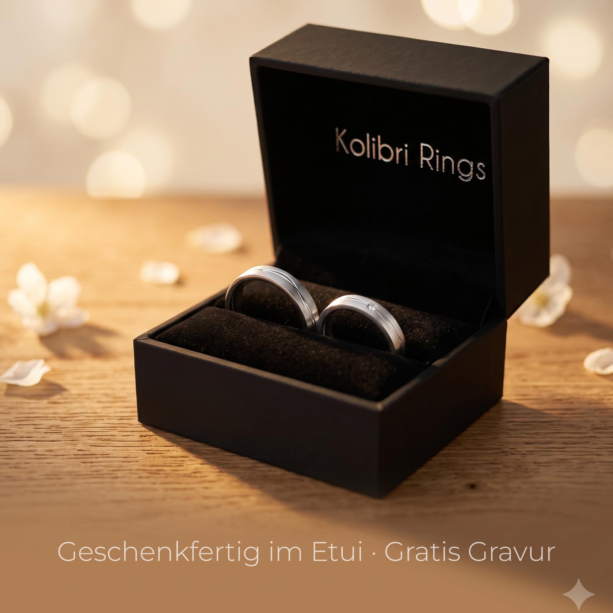 Kolibri Rings Eheringe Set 925 Silber, rhodiniert mit wellenförmiger Glanzfuge | Partnerringe, Trauringe Paarpreis Made in Germany mit Zirkonia + Gratis Gravur & Etui