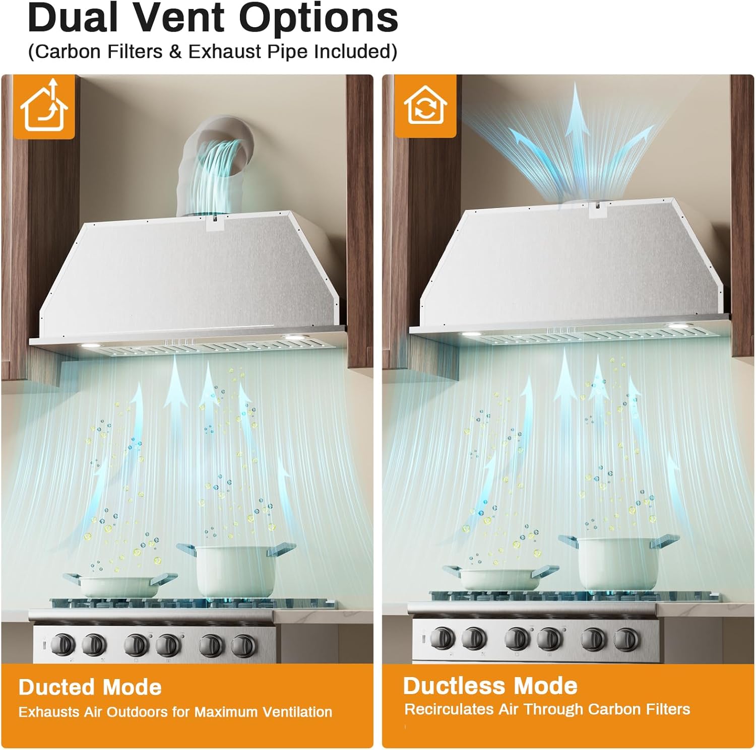 30 Inch Range Hood Insert, 600 CFM Convertible Ducted/Ductless Kitchen Hood in Stainless Steel Finish, 3-Speed Exhaust Fan with LED Lights, Baffle Filters