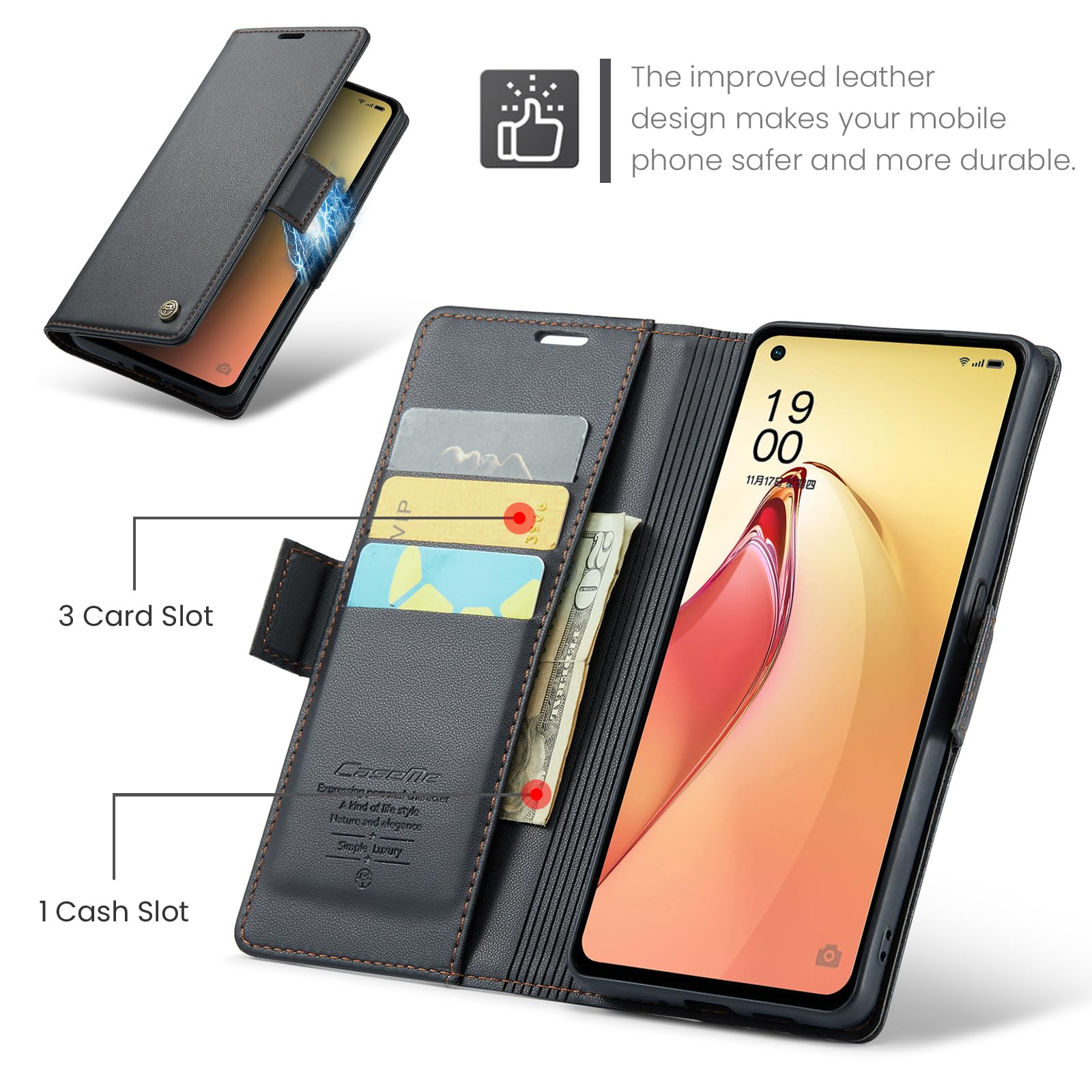 Cover for Reno 8 pro Wallet Case with Card Holder, Kickstand RFID Blocking Magnetic Closure Shockproof Protective PU Leather for Reno 8 pro Flip Case Wallet - Black — view 3