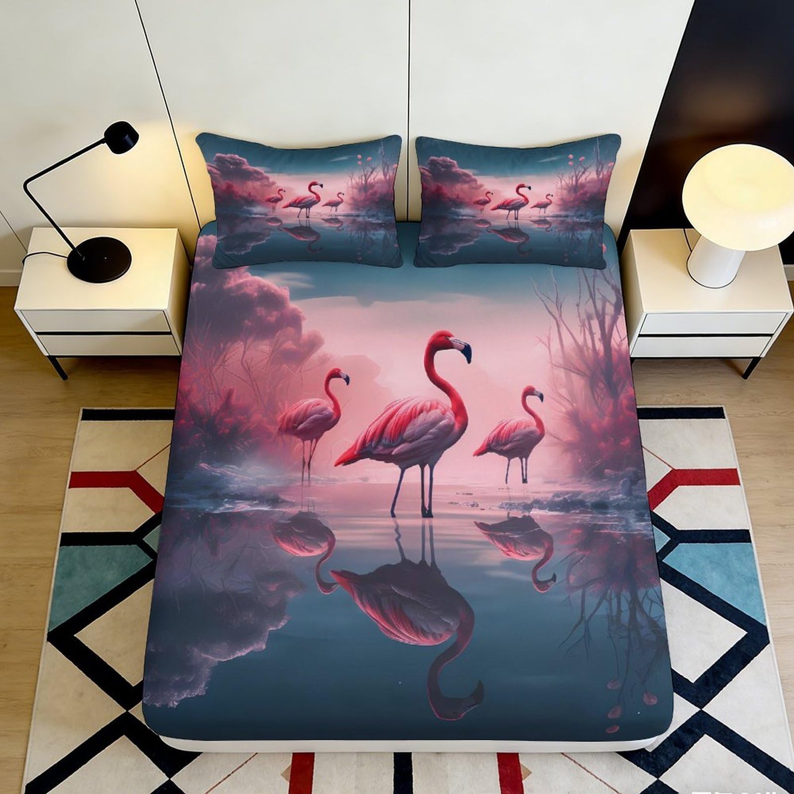 3D Printed Flamingo Pattern Fitted Sheet Microfiber Deep Pocket Non-Slip Elastic Hem Flamingo Mattress Fitted Cover for Bedroom Bedding 140x200x25cm