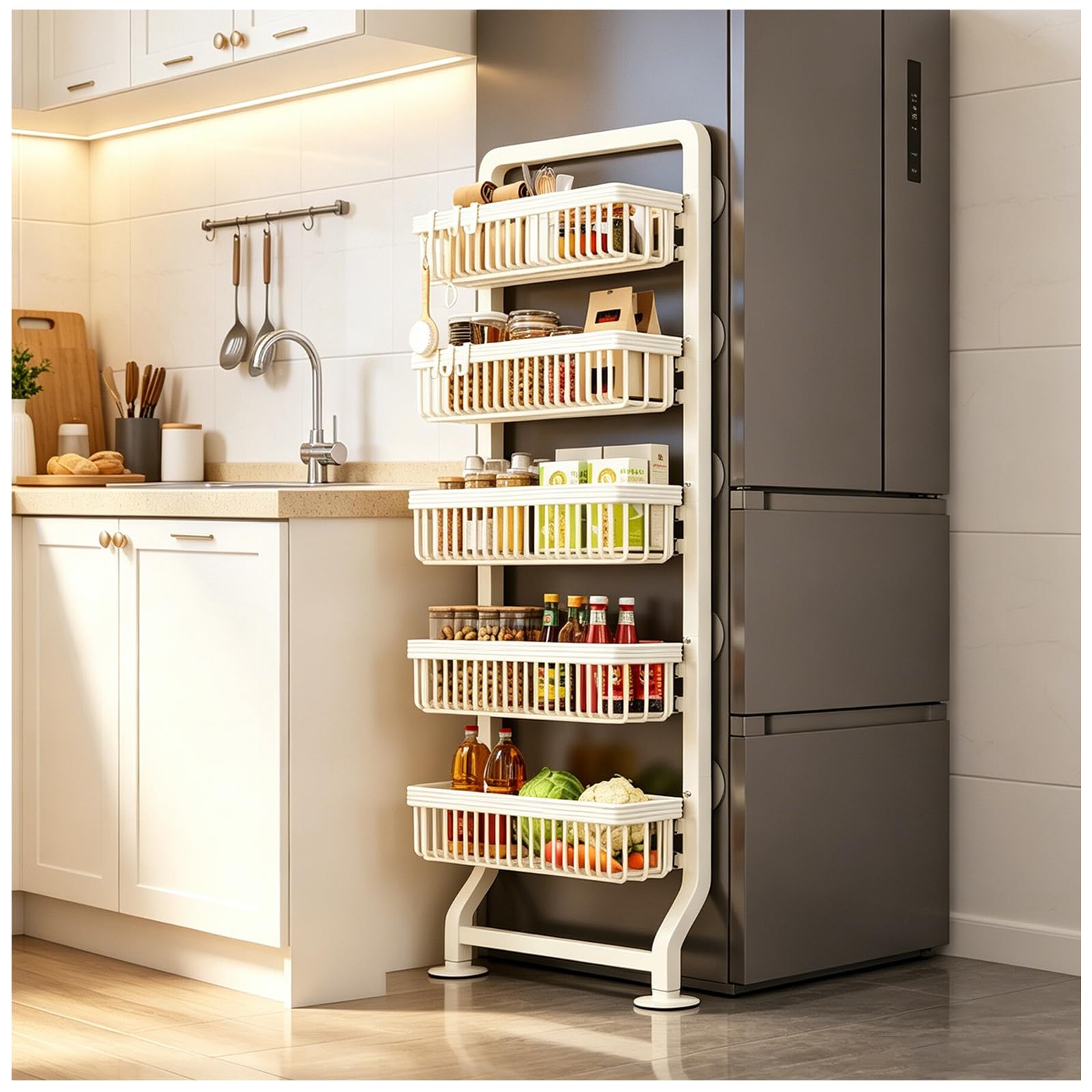 Estante de puerta estrecha de 5 niveles – Nizer de metal blanco versátil para cocina, baño, lavandería, sala de estar, despensa que ahorra espacio para un fácil acceso