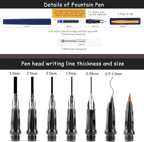 Miniatura 6 de Juego de bolígrafos de caligrafía, plumas estilográficas de caligrafía con 7 puntas reemplazables diferentes con 60 cartuchos de tinta (12 colores),