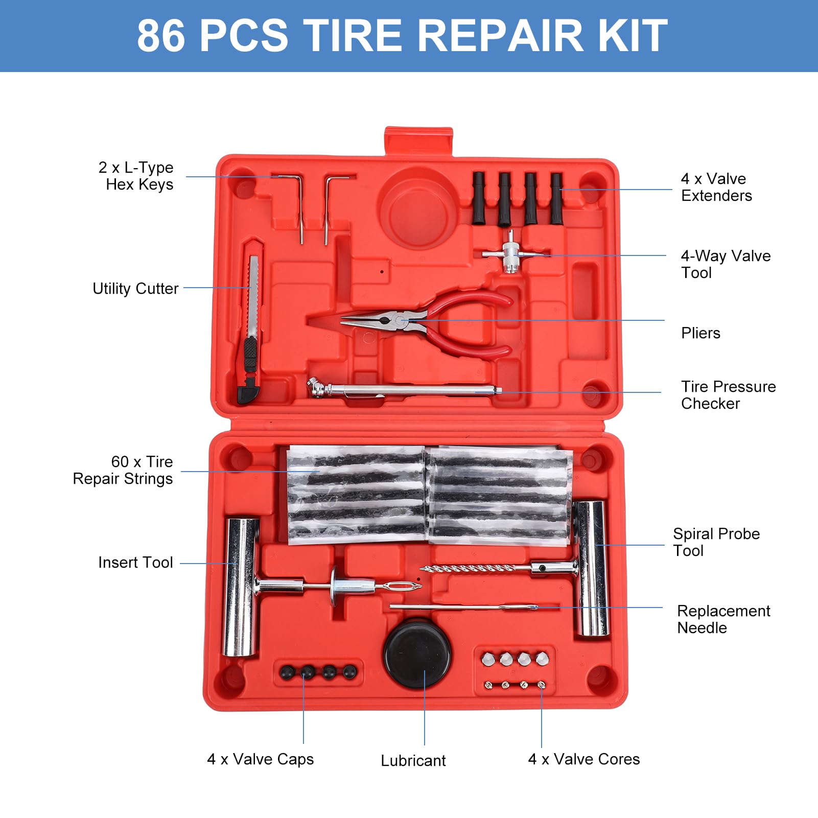 Kit di Riparazione Pneumatici 86 Pezzi Kit di Riparazione Pneumatici per Auto Assistenza Stradale Emergenza per Auto e Moto con Custodia in Acciaio Legato