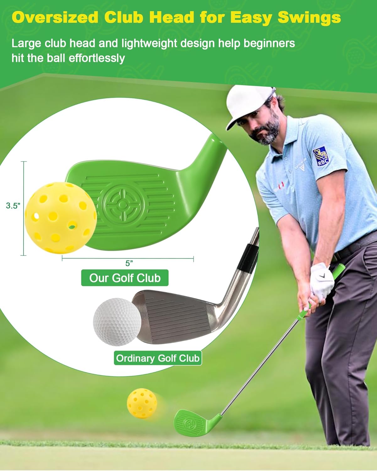 ASONA Green Golf Yard Game Clubs Set for Adults Perfect for Outdoor Backyard Beach Lawn and Social Fun, 36” Standard Length Size with Plastic Oversized Club Head for Birthday or Father’s Day