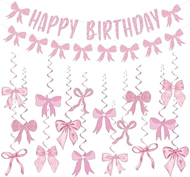 Pink Bow Birthday Decorations, Glittery Chic Happy Birthday Banner, Girl's Birthday Party Decor with Happy Birthday Banner Bow Garland and Hanging Swirl Decorations