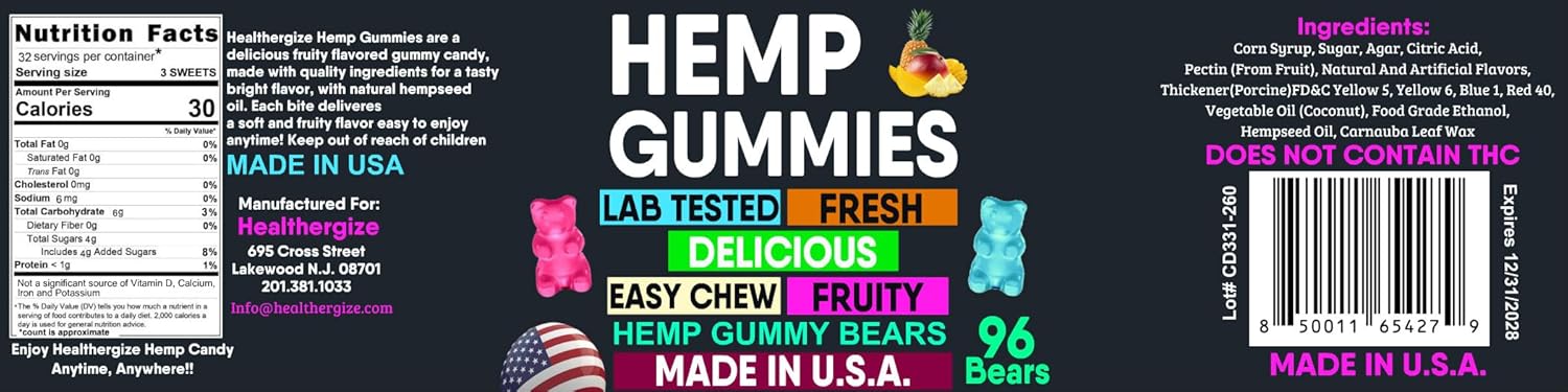 Hemp Gummies Calm Sleep Relaxing Night Support, Hempseed Oil Gummy Bear Candy Edibles-Made in USA-96 Bears