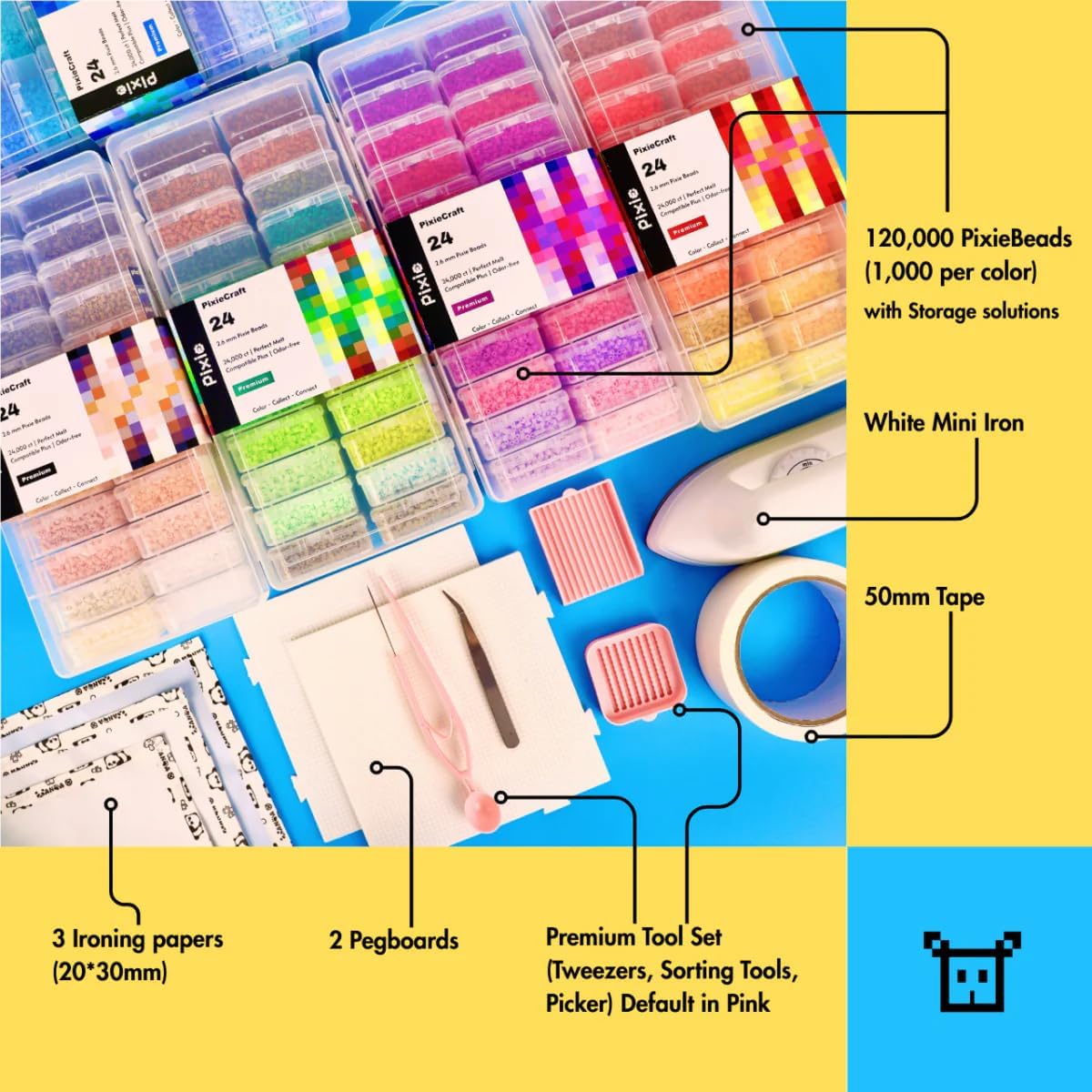 PixieCraft 120,000 Beads, 120 Colors, Ultimate Visionary PixieBeads Set 131pcs, 2.6mm Mini Fuse Beads, Kit with Organizer (131 pcs 120 Color with Iron & Tool Set)