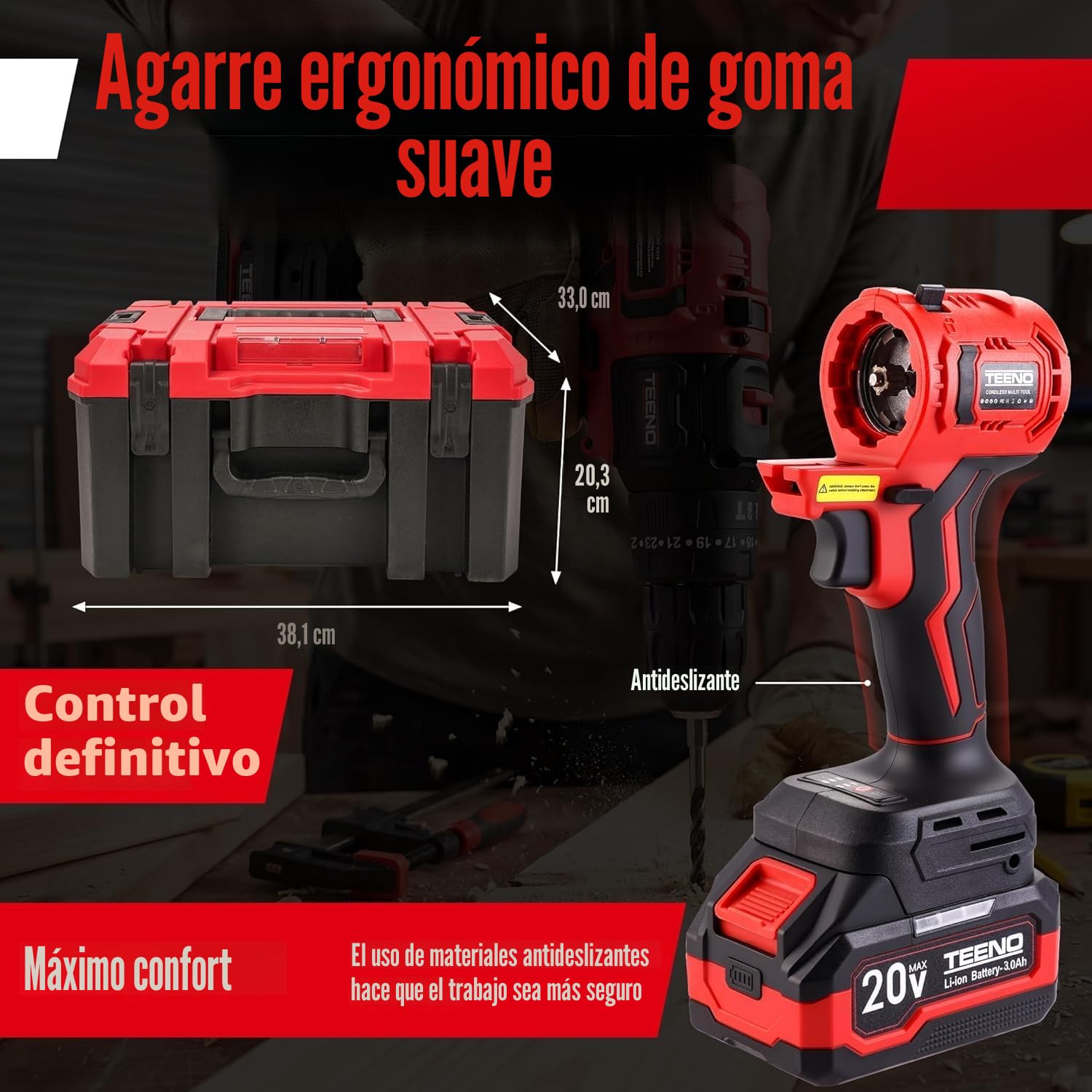 TEENO Kit de Herramientas Eléctricas de 20 V, Herramienta Inalámbrica 8 en 1 con Estuche, Taladro, Sierra de Sable, Sierra de Cadena, Llave de Impacto, Herramienta Oscilante (8-IN-1)