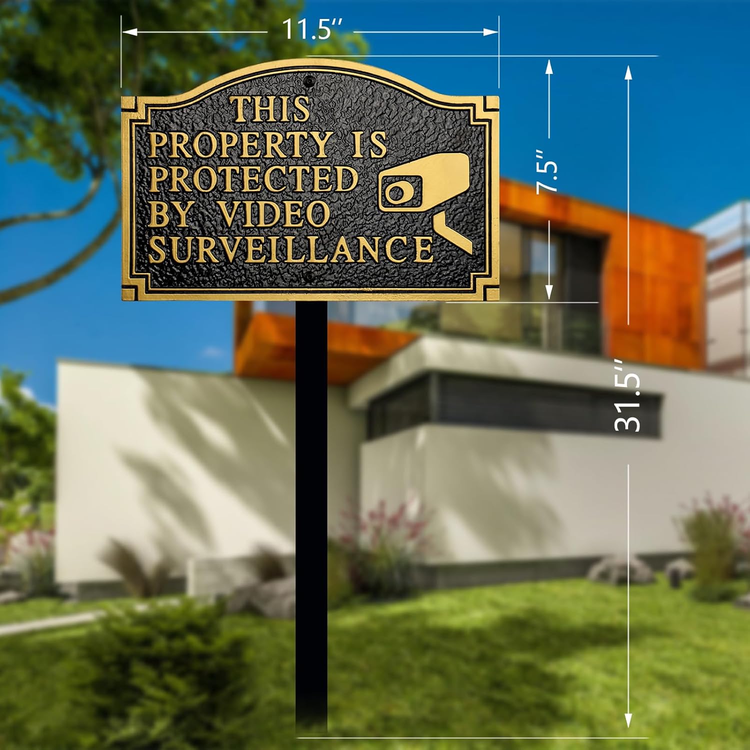 Private Property Video Surveillance Camera Sign - Solid Metal Cast, Embossed Statement Plaque,11.5"×7.5" with 31.5" Stakes, Elegant Classic Design for Home Security, House, Garden and Yard