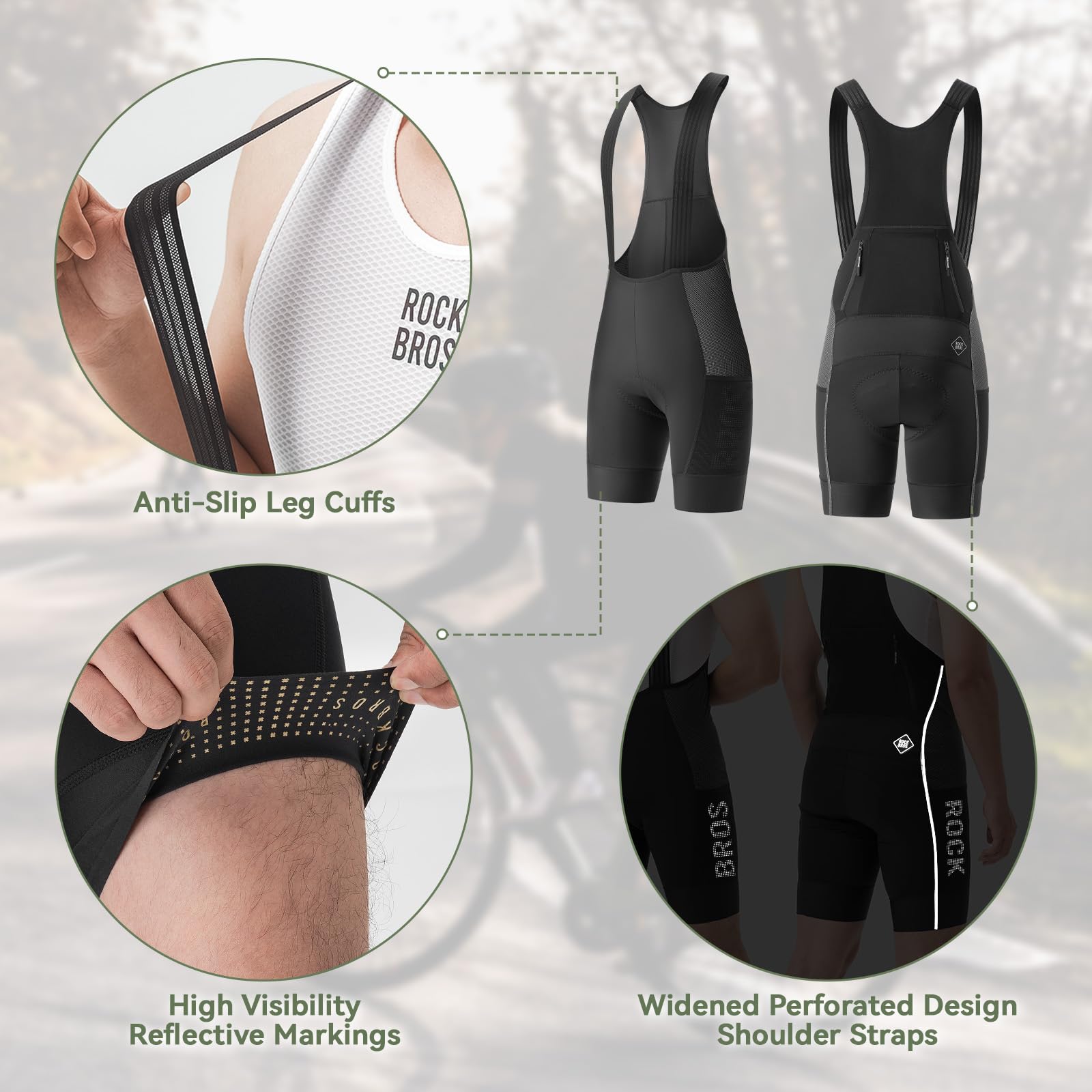 ROCKBROS Letnie męskie spodenki rowerowe z szelkami, spodenki z 5 kieszeniami, oddychające i elastyczne ergonomiczne wyściełane antywibracyjne do rowerów szosowych i MTB, czarne