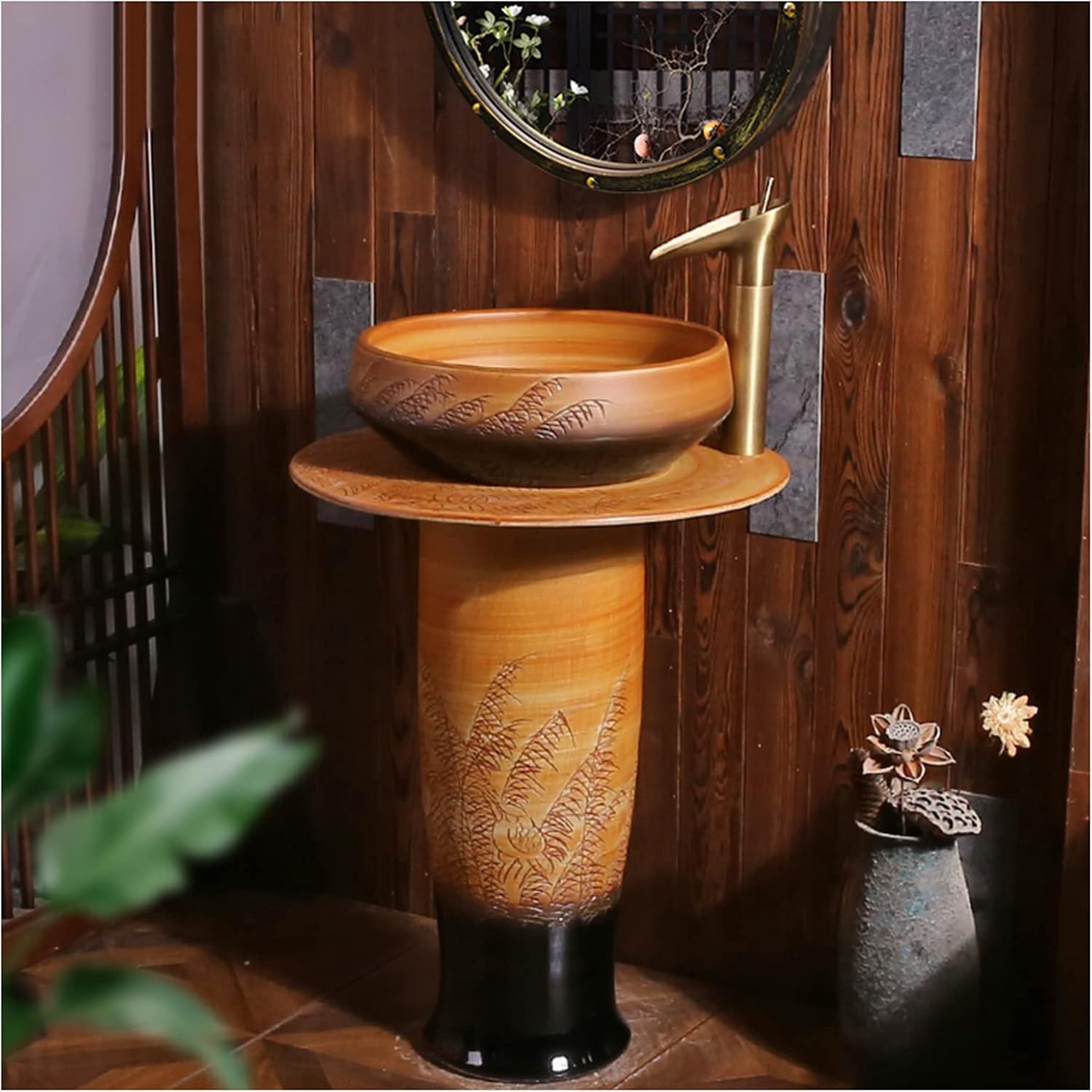 Pedestal Sink Handcrafted Ceramic wash Basin Pedestal washbasin, Kaolin Clay Pedestal Sink Round Freestanding Sink for Indoor and Outdoor,A,Without Mirror (A With mirror)