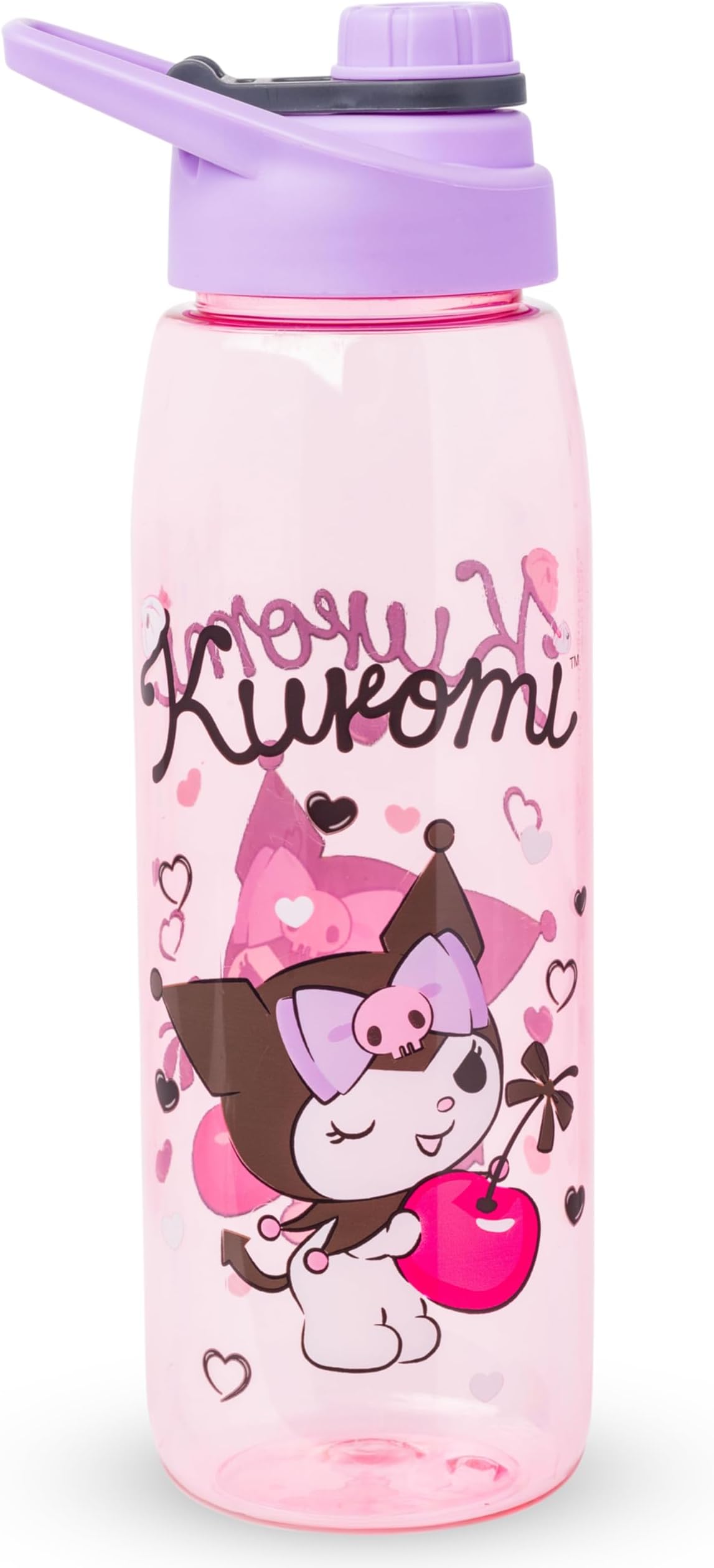 Sanrio Hello Kitty and Friends Kuromi Cherry Hearts Water Bottle with Screw Lid, 28 Ounces