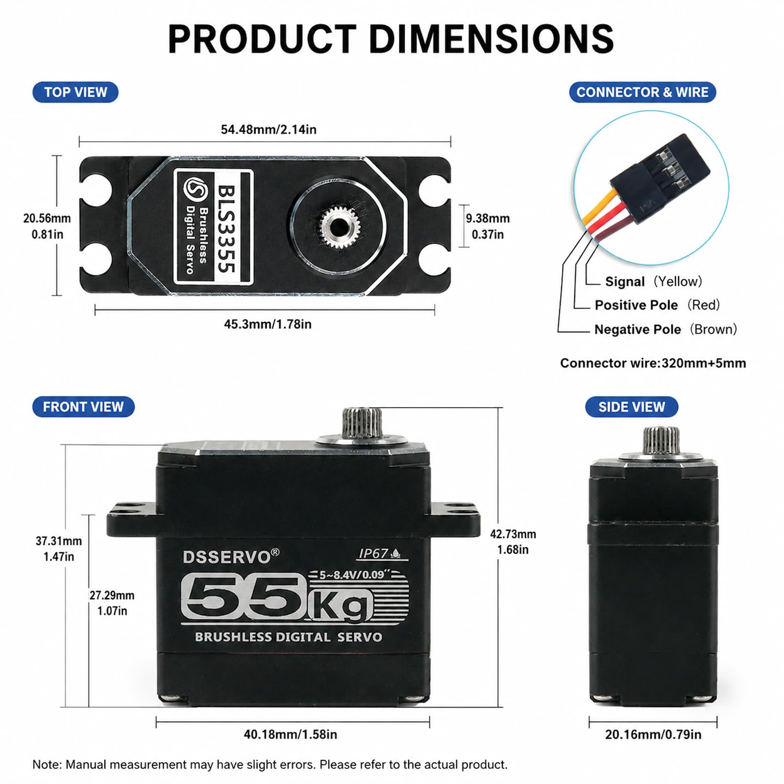 55 kg bezszczotkowy serwomer BLS3355 High Speed RC Digital Servo 180° | 180 stopni 7,4 V High Speed Waterproof IP67 Full Metal High Torque Servo for 1/8 1/10 RC Car Crawler